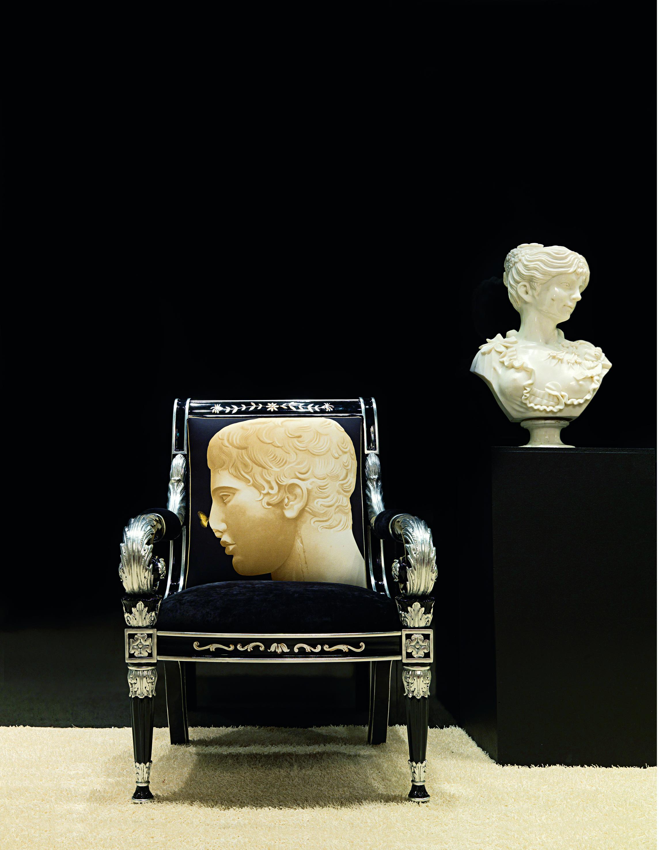 Art Deco Faraone-Canc Black & Silver Armchair w Printed Fabric, Paolo Canciani & Zanaboni For Sale