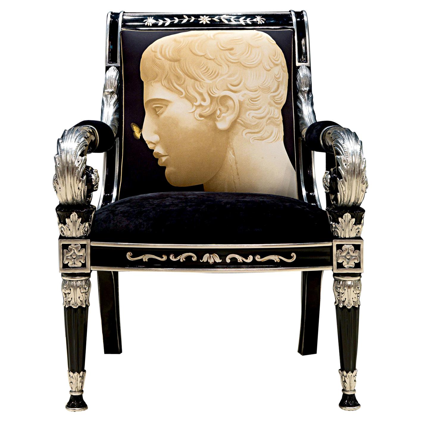 Faraone-Canc Black & Silver Armchair w Printed Fabric, Paolo Canciani & Zanaboni For Sale