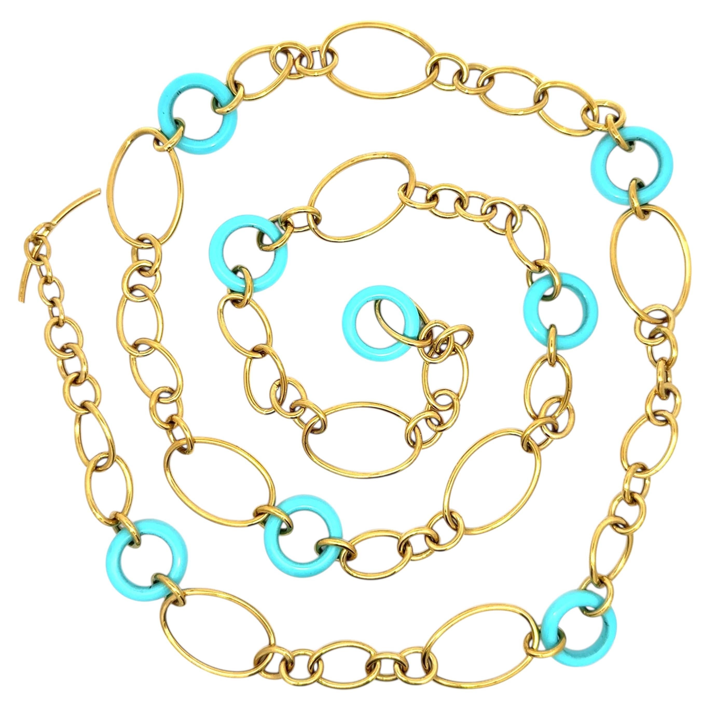 Pre-owned Faraone Mennella 18k Gold Long Open Link Necklace Round Ring Turquoise Stations In Multiple