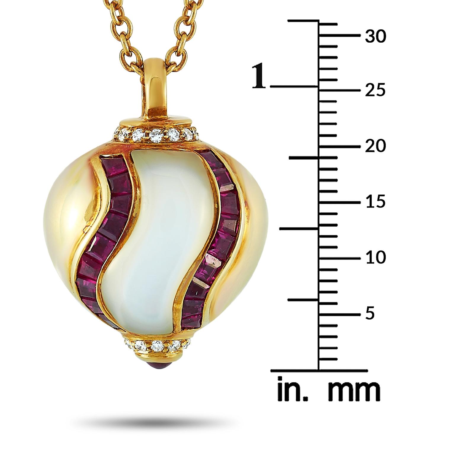 Faraone Mennella 18 Karat Yellow Gold 0.20 Carat Diamond, Ruby and Pearl Pendant In Excellent Condition In Southampton, PA