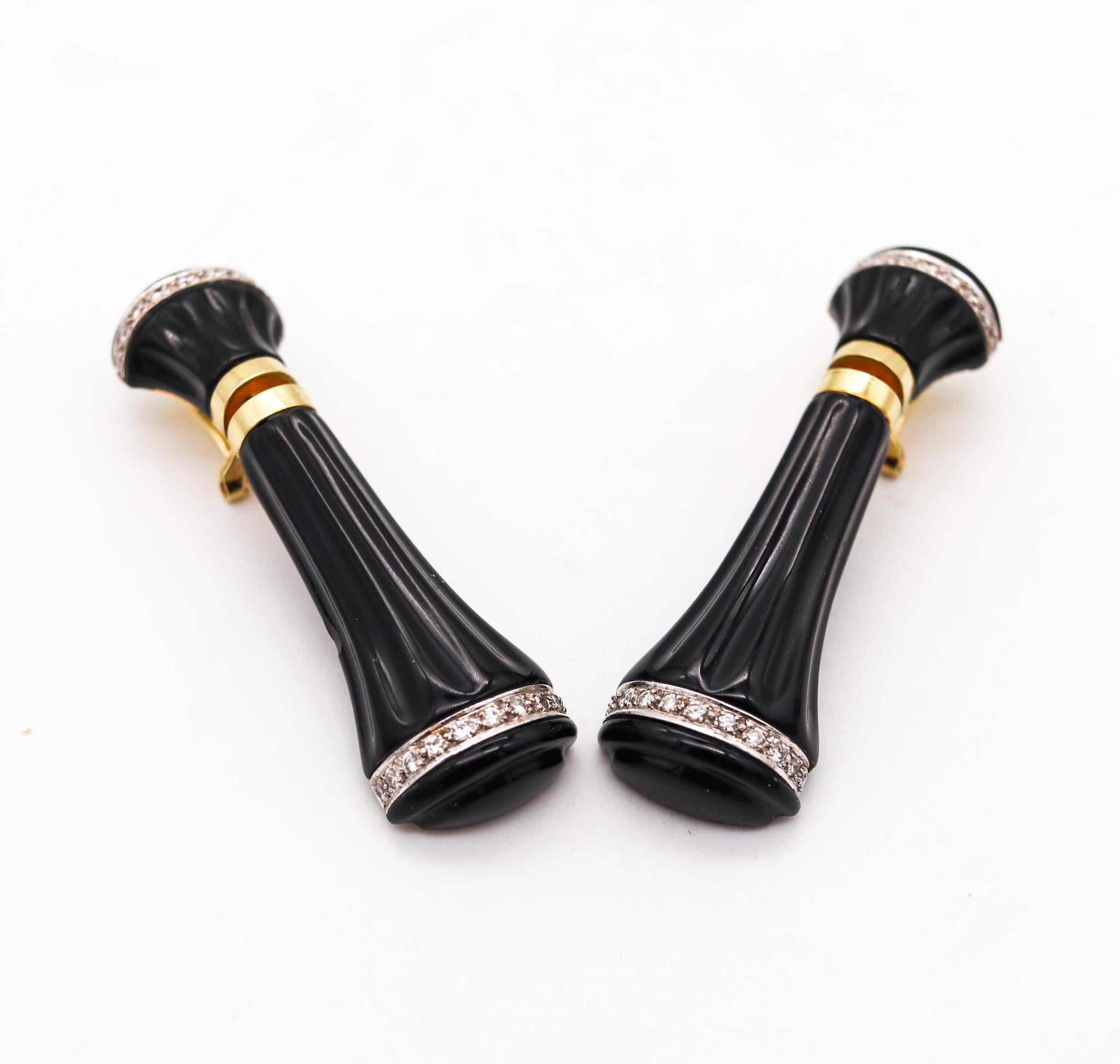 Brilliant Cut FARAONE MENELLA Onyx Dangle Drop Earrings In 18Kt Yellow Gold With Diamonds For Sale