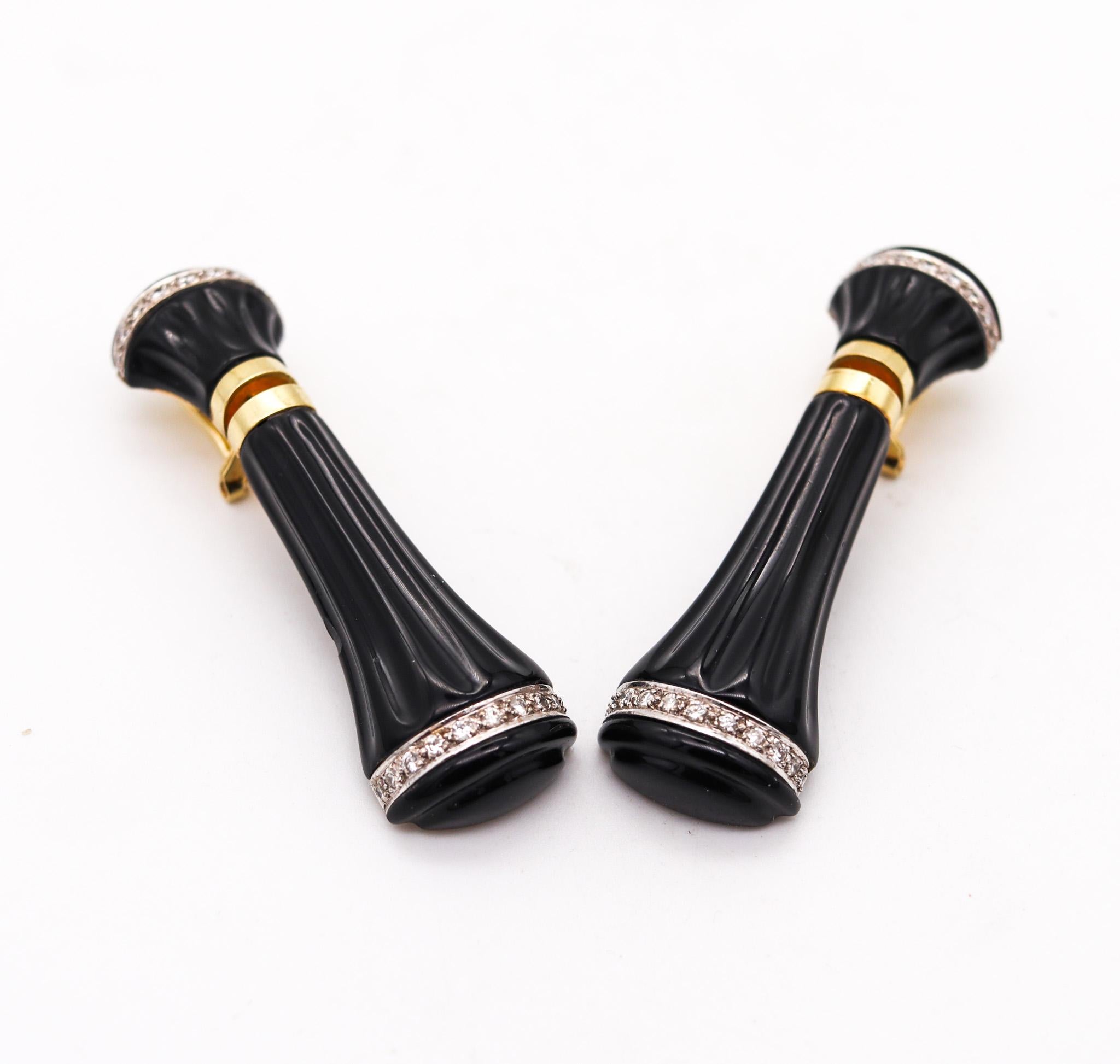 Brilliant Cut Faraone Mennella Onyx Dangle Drop Earrings In 18Kt Yellow Gold With Diamonds For Sale