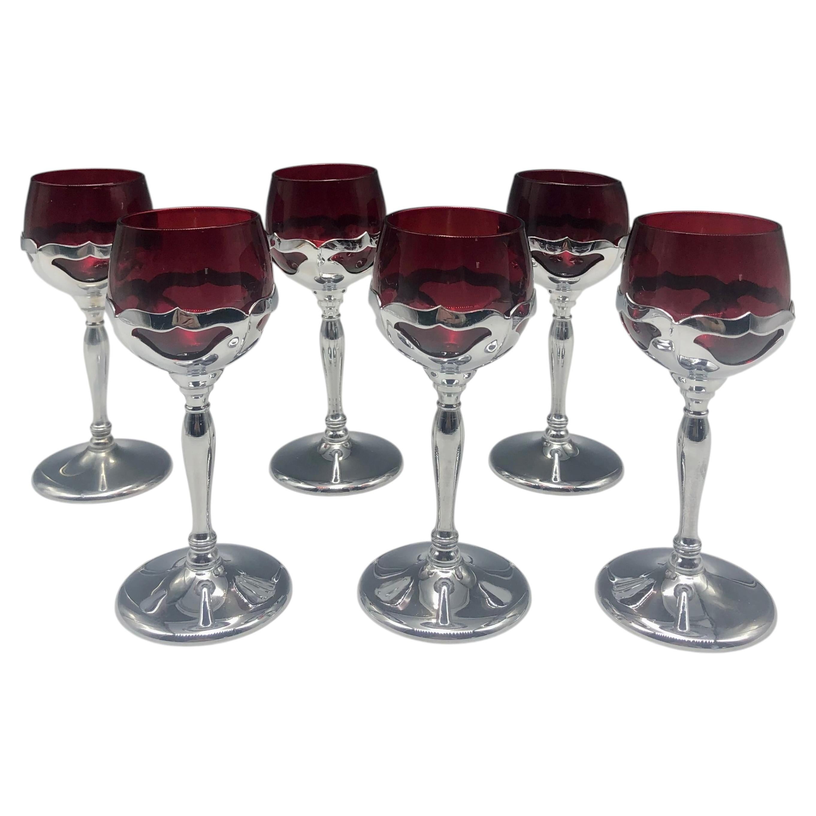 Farber Bros Ruby Red Krome Kraft 6"  Stem / Cordial Glasses - Set of 6 For Sale