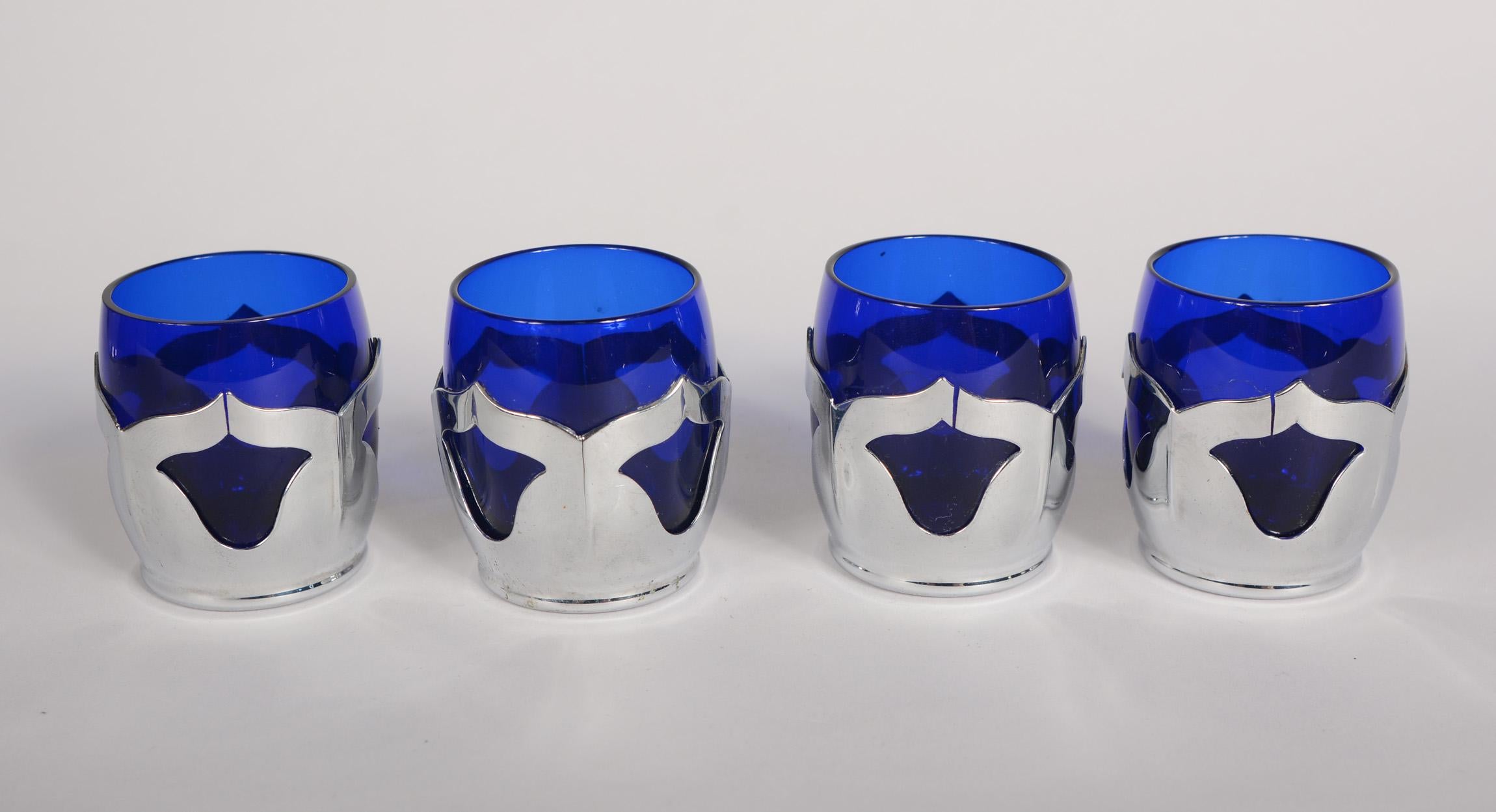 Farber Brothers Art Deco Cobalt Blue Cocktail Shaker and Glasses 3