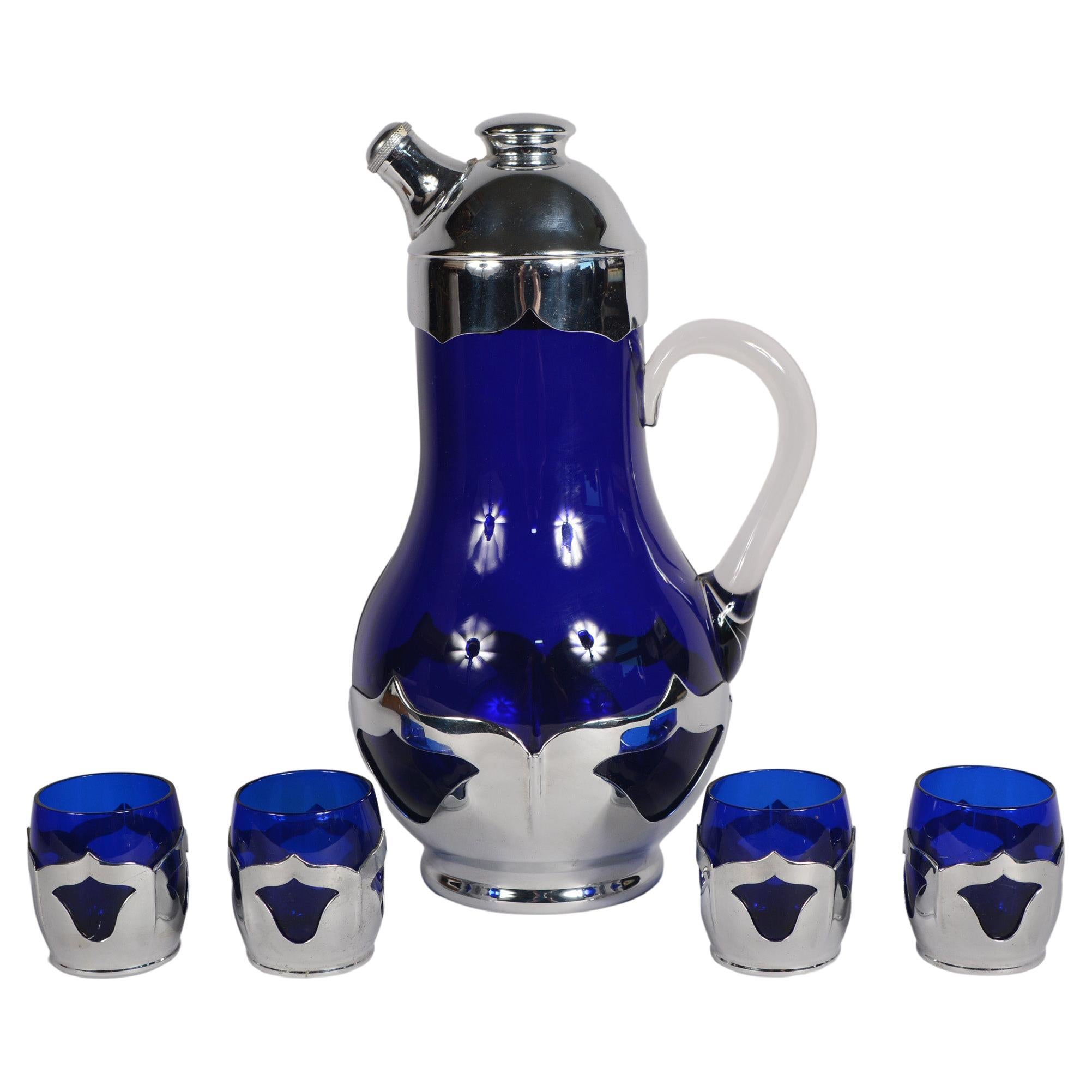 Farber Brothers Art Deco Cobalt Blue Cocktail Shaker and Glasses