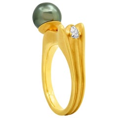 Farbod 18 Karat Matte Yellow Gold Diamond and Pearl Cocktail Ring "Pheme"