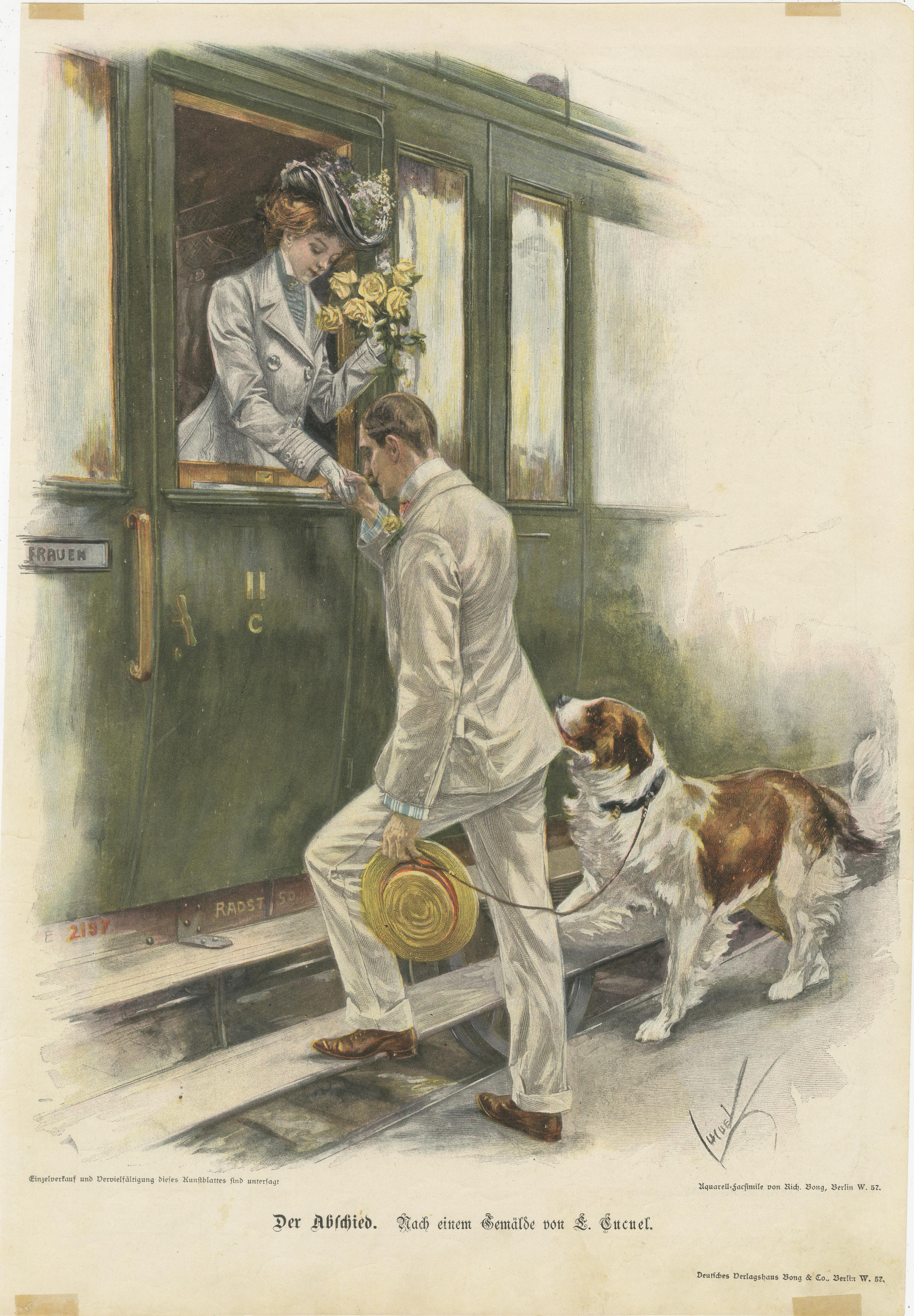 Despedida - Escena romántica de salida de un tren por S. Güntzel, c. 1890 en venta 5