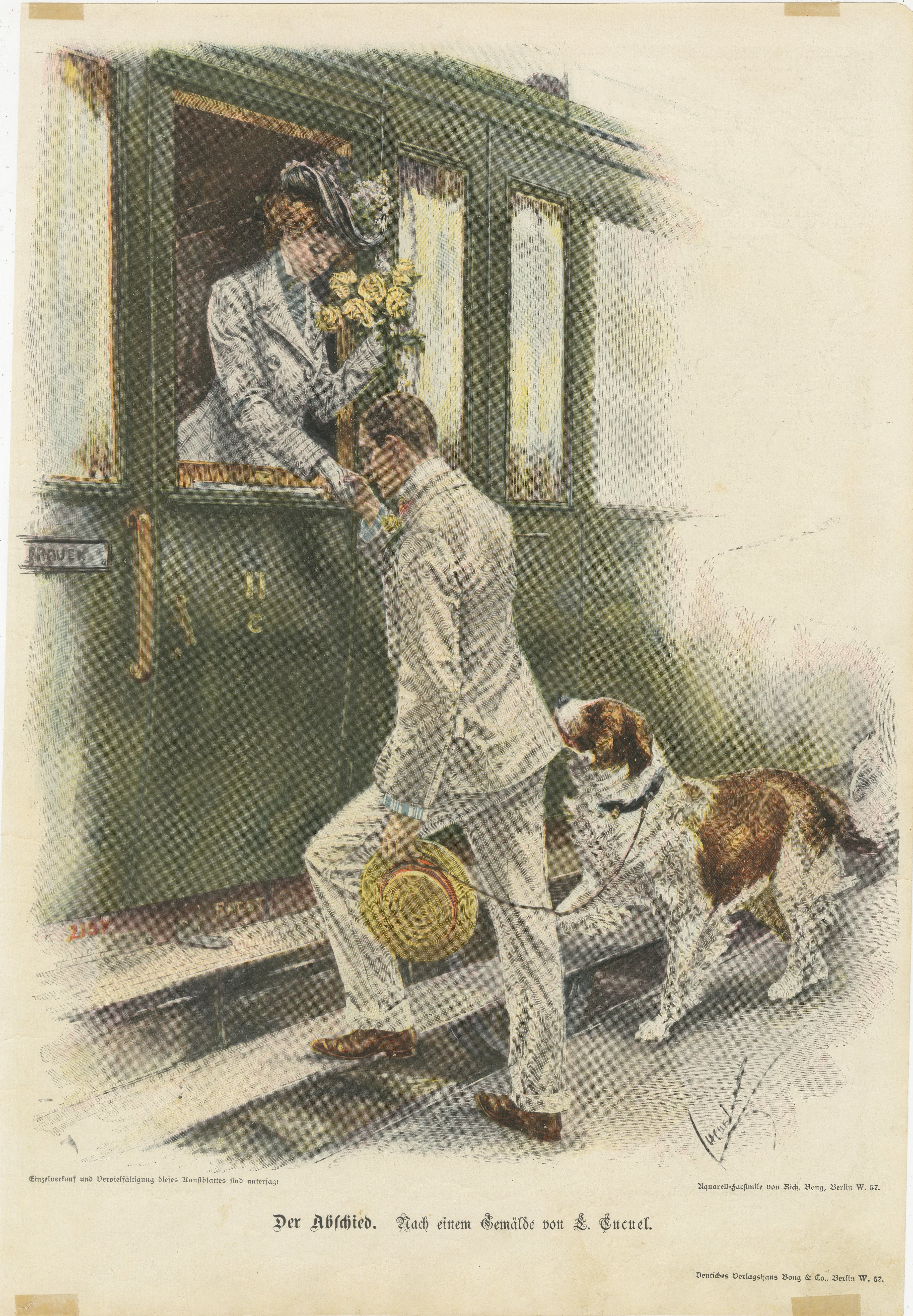 Despedida - Escena romántica de salida de un tren por S. Güntzel, c. 1890 Fines del siglo XIX en venta