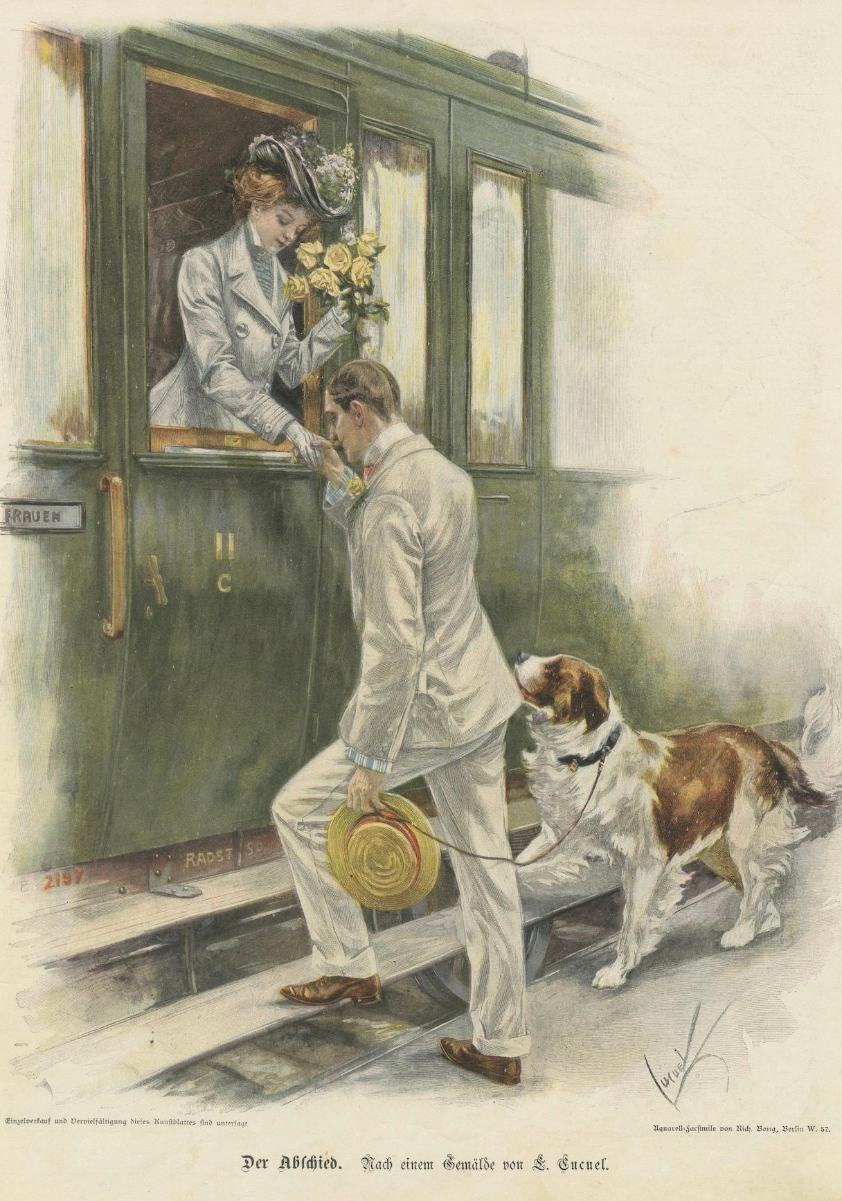 Despedida - Escena romántica de salida de un tren por S. Güntzel, c. 1890 en venta 1