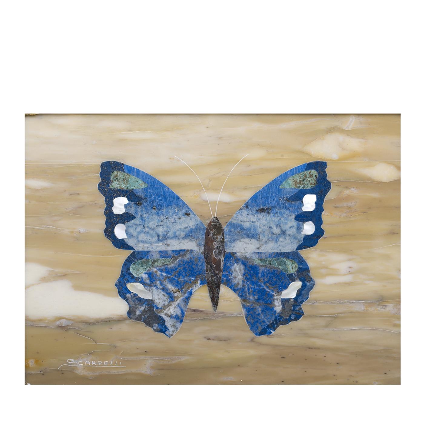 Lapis lazuli and semi-precious turquoise stones are gracefully set against light-colored rich marble to create a picture depicting a blue butterfly. Accentuated with mother of pearl, the butterfly is inlaid by Florentine master marble artists