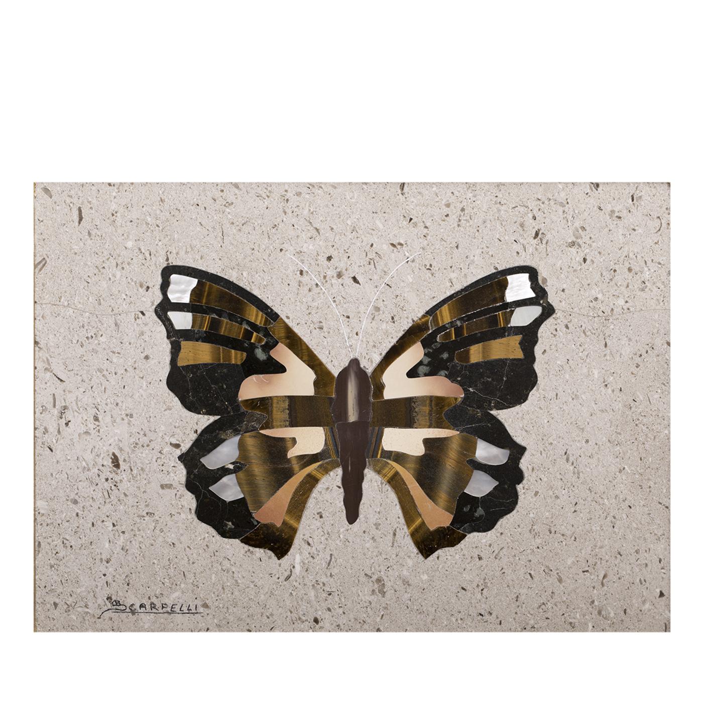 Inserts of tiger's eye and mother of pearl are gracefully set against light-colored rich marble to create a picture depicting a blue butterfly. Accentuated with mother of pearl, the mosaic is inlaid by Florentine master marble artists Scarpelli