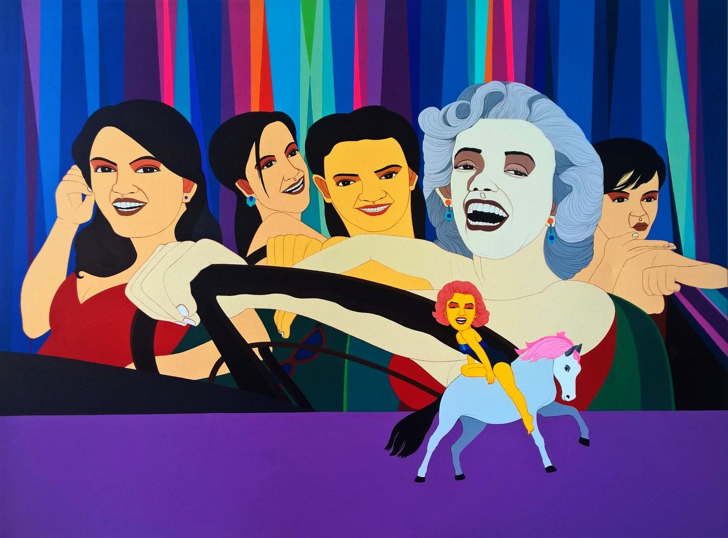 Marilyn Monroe with Friends, Acrylic on Canvas by Indian Artist "In Stock"