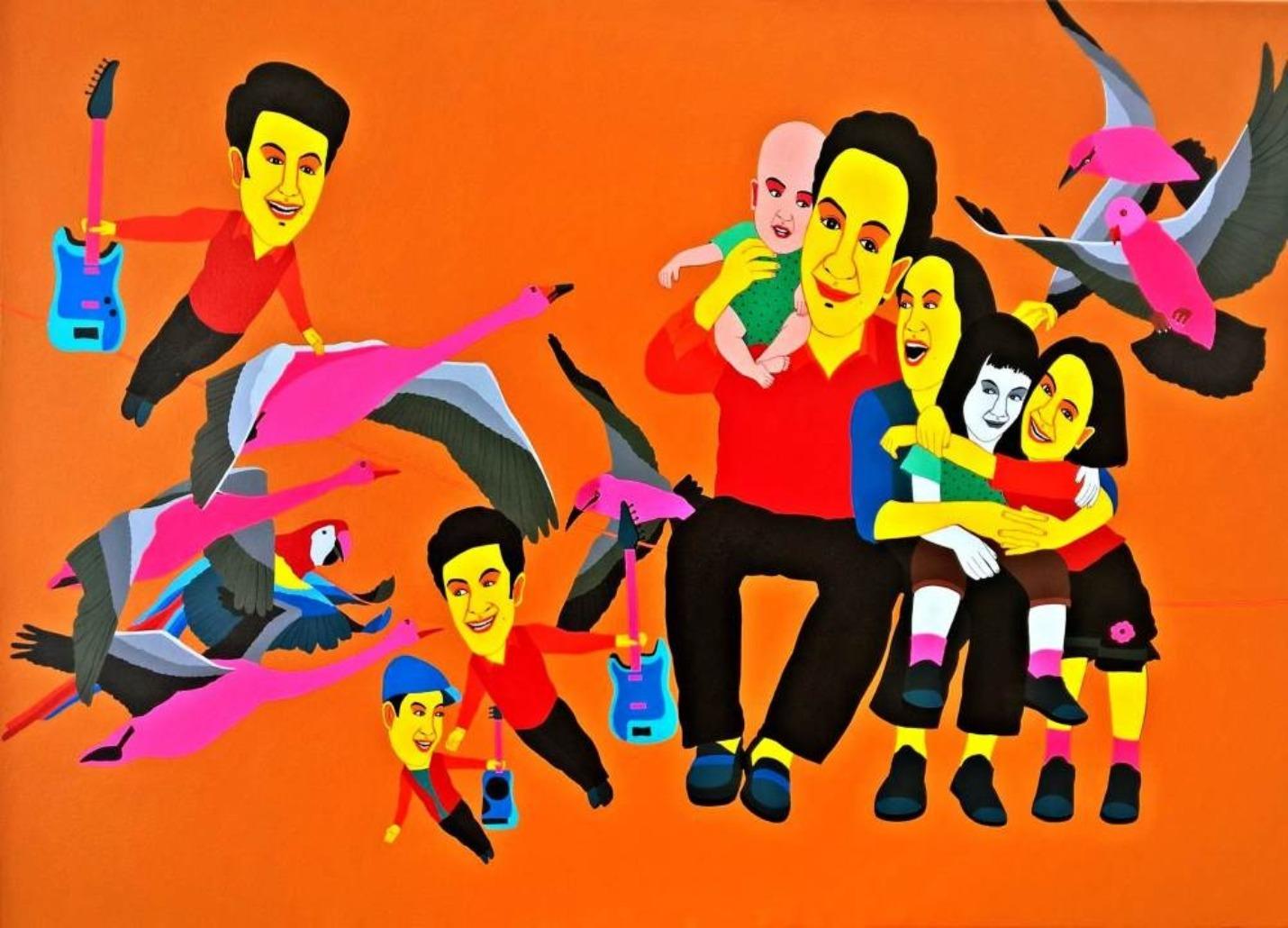 Farhad Hussain Figurative Painting - Playing, Acrylic on Canvas, Orange, Red, Yellow by Indian Artist "In Stock"