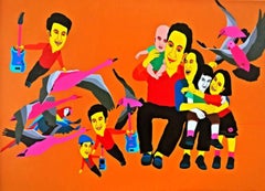 Jouer, acrylique sur toile, orange, rouge, jaune de l'artiste indien « En stock »