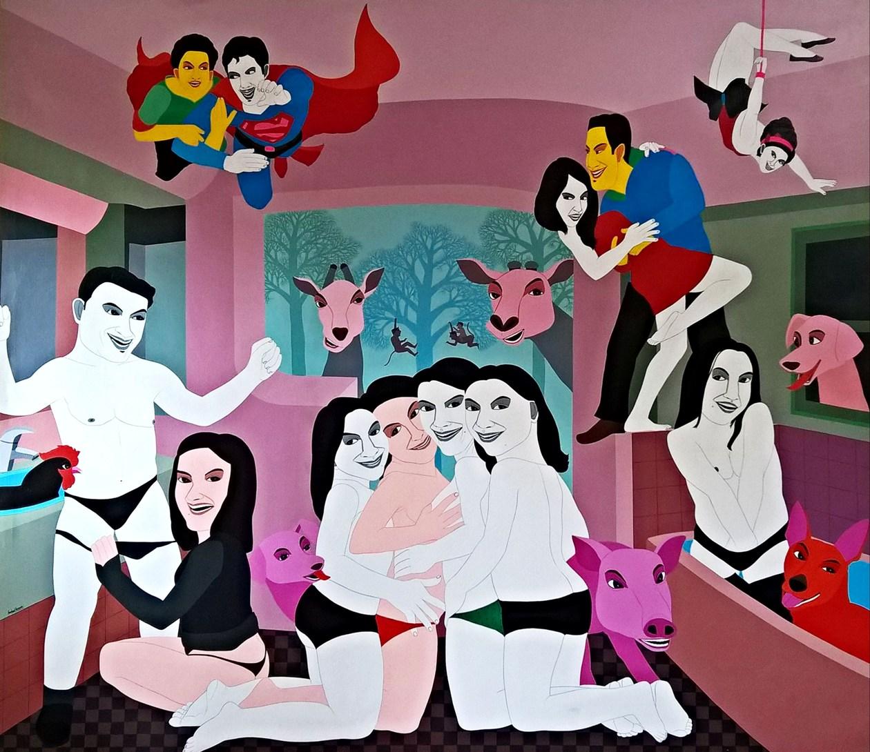 Interior Painting di Farhad Hussain - Bagno di un supereroe, Acrilico su tela, Rosso, Blu, dell'artista indiano "In magazzino"