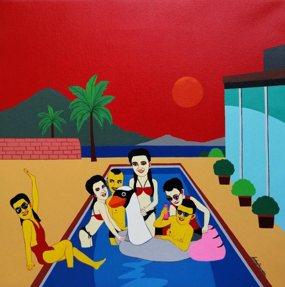 Swimming Pool Fun, Acrylic on Canvas, Red, Blue, by Indian Artist "In Stock"