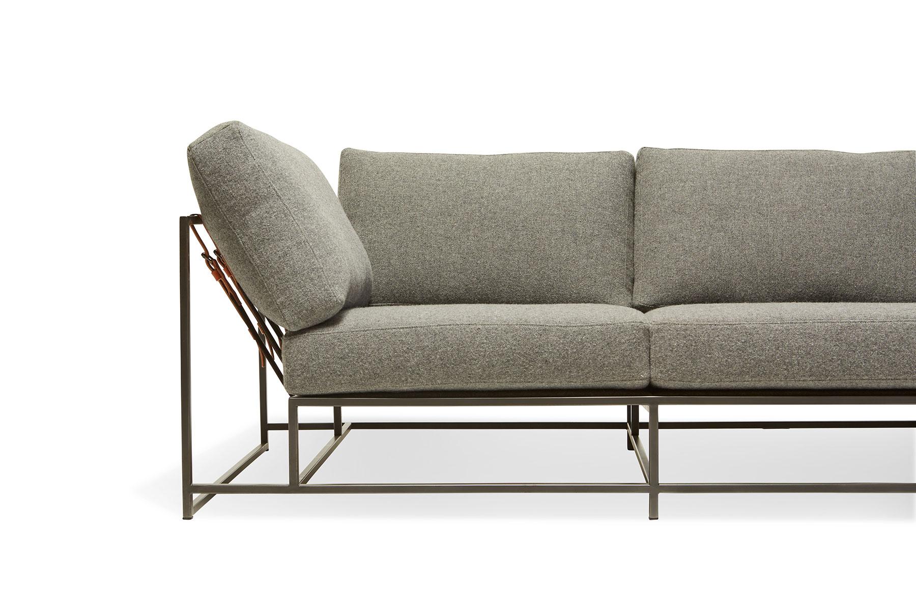 American Faribault Grey Wool and Blackened Steel Sofa For Sale