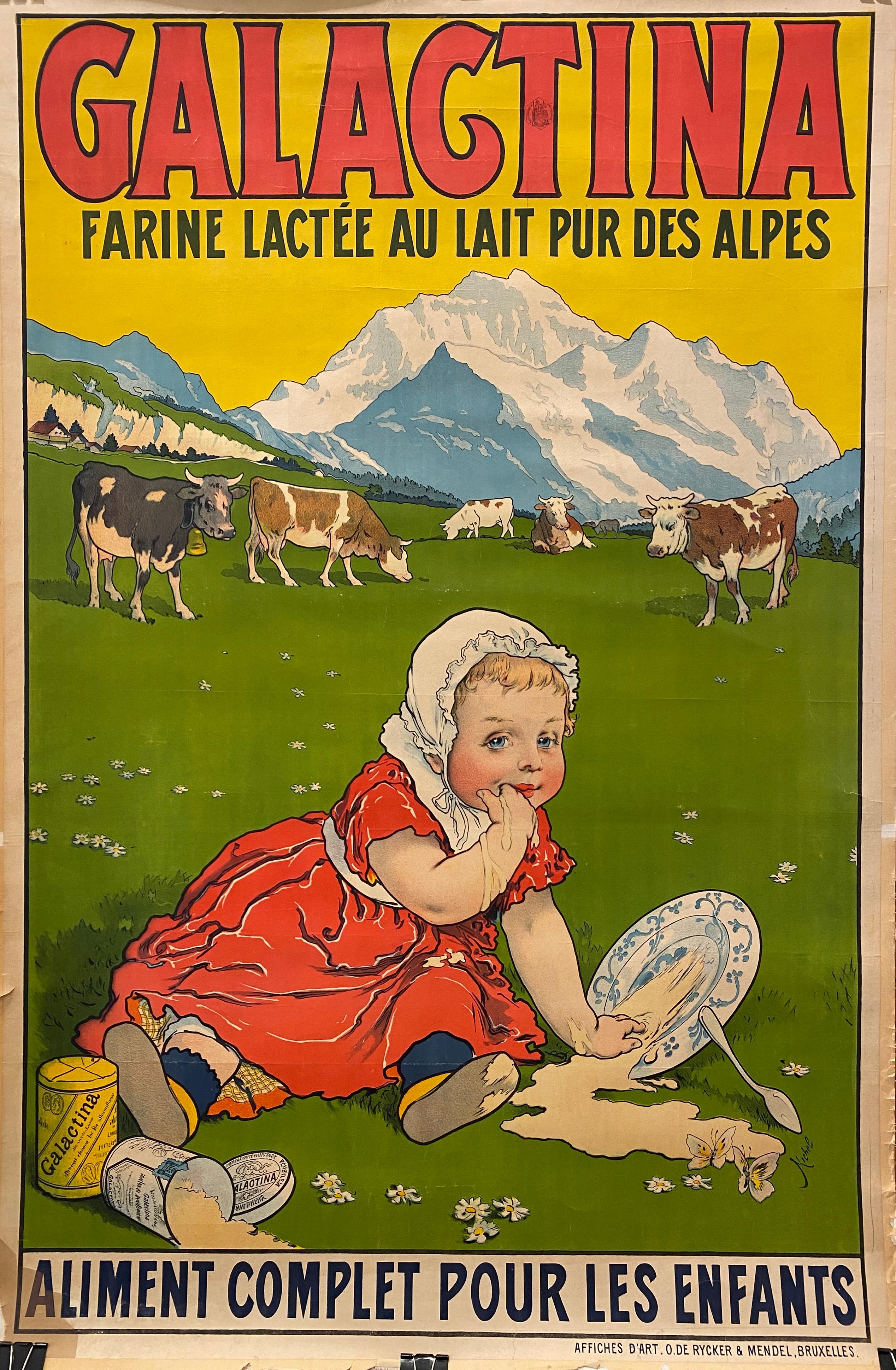 Farine lactee au lait pur des alpes - Original lithographisches Plakat Circa. 1902 

Dieses Plakat wirbt für ein Pfefferminz, das hilft, den Zigarettengeruch zu überdecken. Es handelt sich um ein Originalplakat, das zur Konservierung mit Leinen