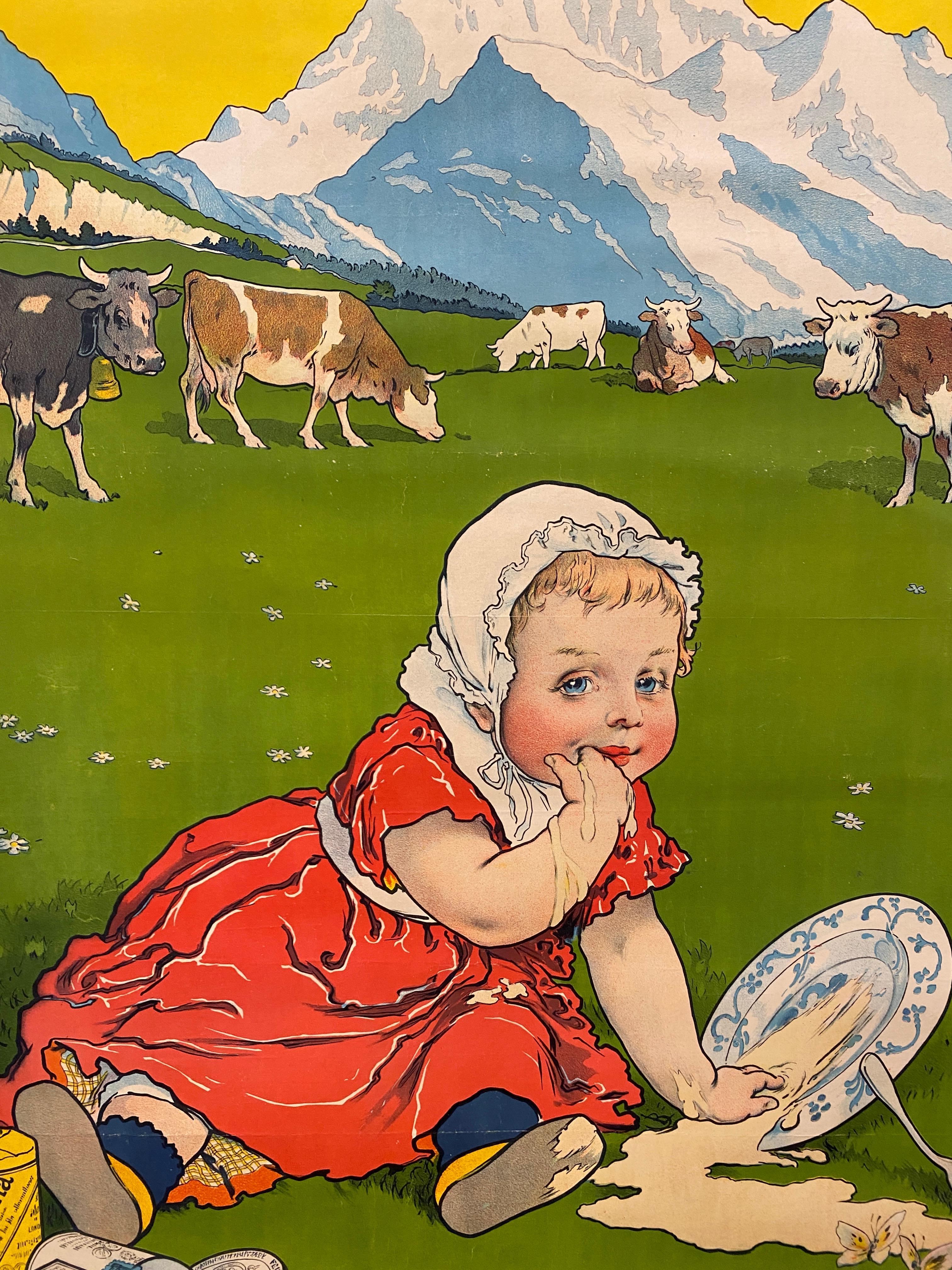 Farine lactee au lait pur des alpes - Original lithographisches Plakat Circa. 1902 im Angebot 1