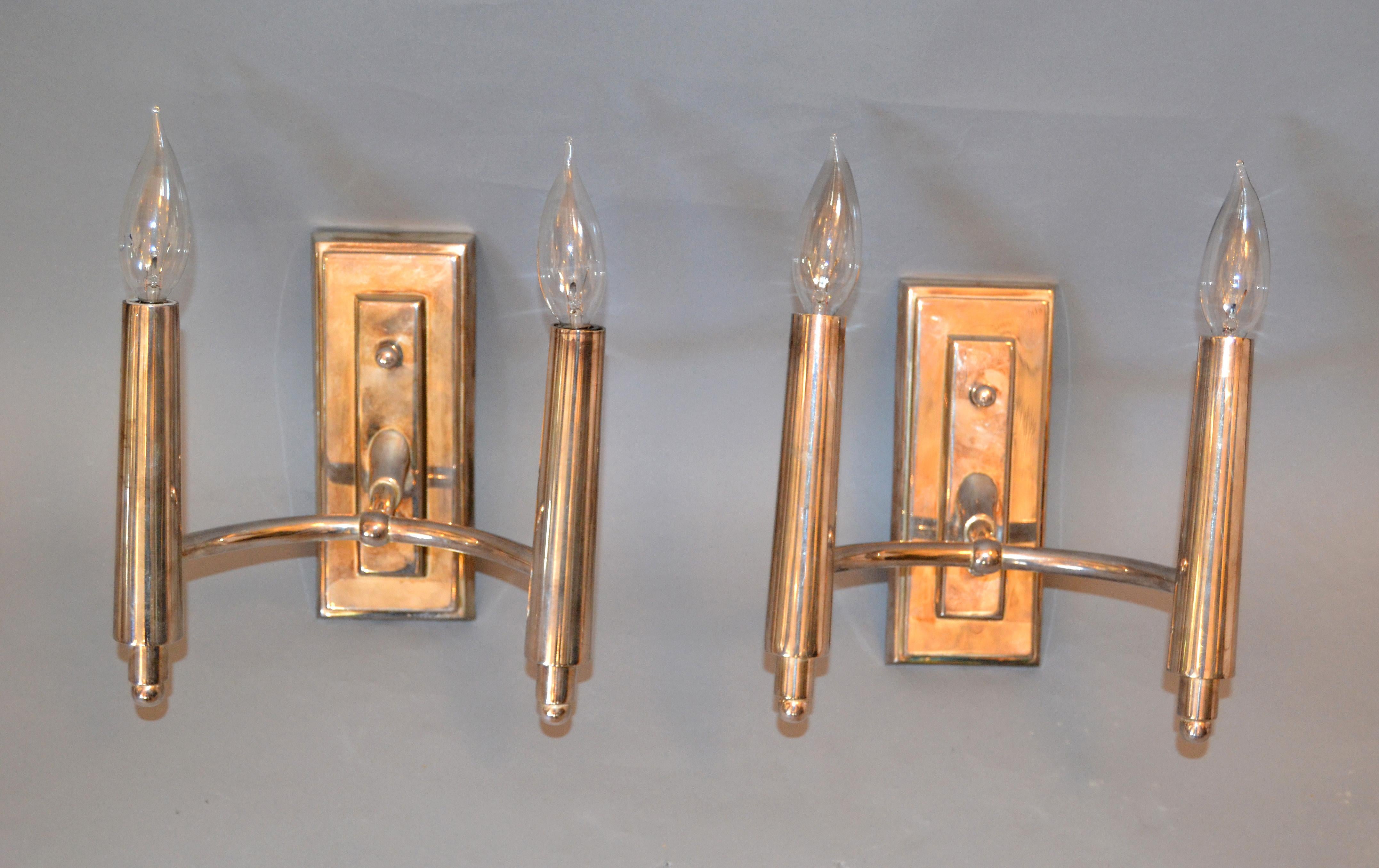 Modern Farlane Double Sconces in Polished Silver by Thomas O' Brien, Pair