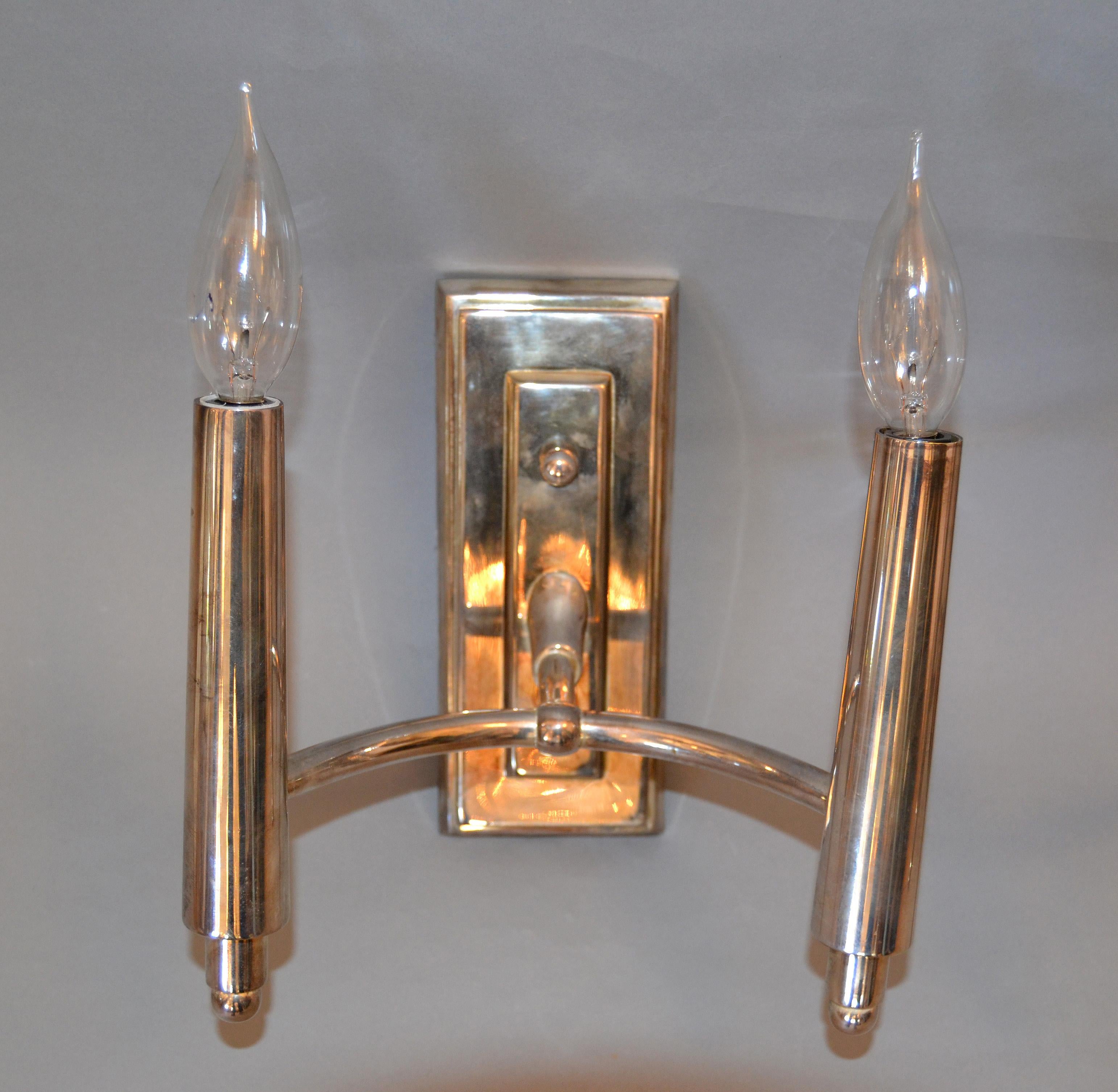 American Farlane Double Sconces in Polished Silver by Thomas O' Brien, Pair