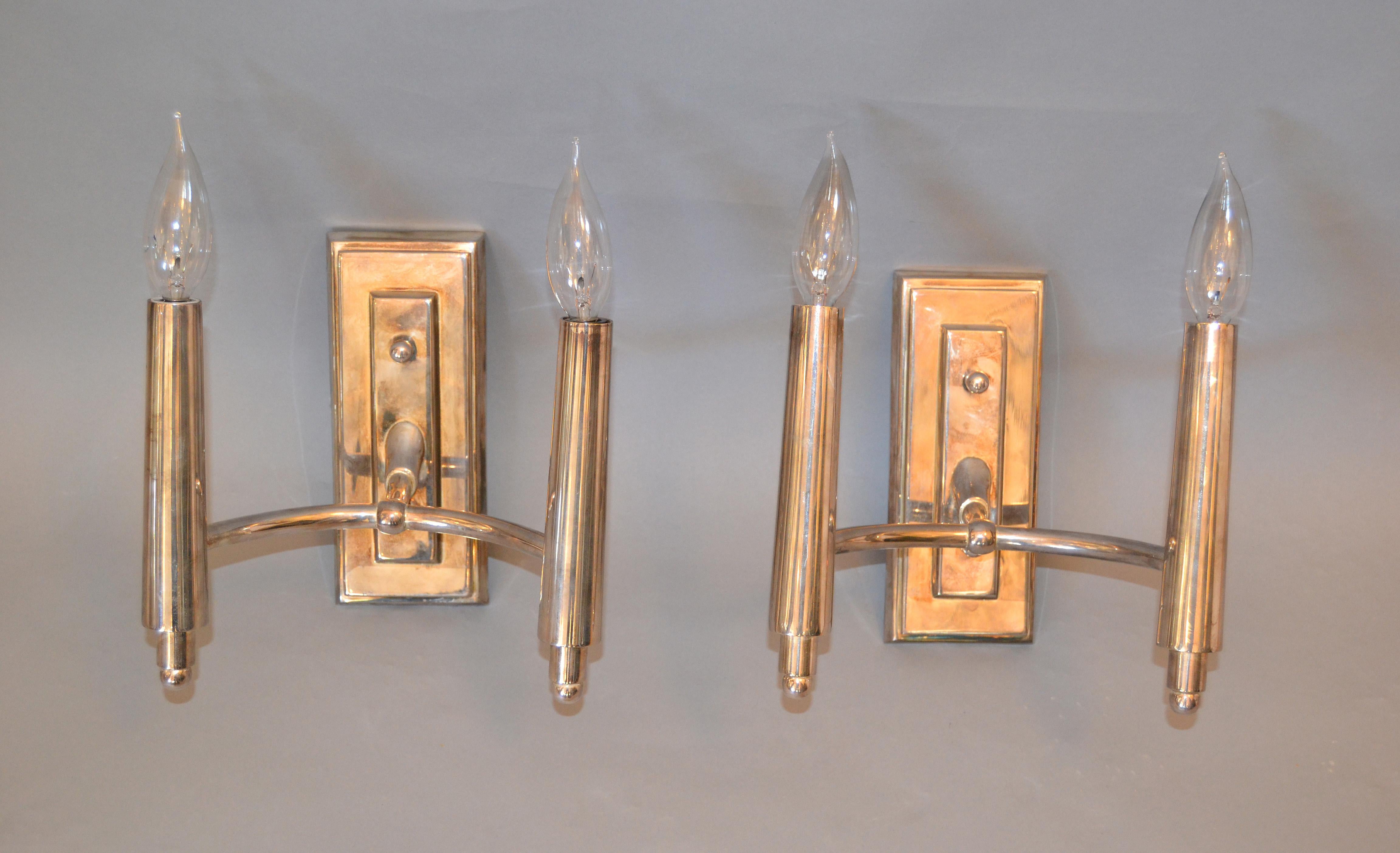 Farlane Double Sconces in Polished Silver by Thomas O' Brien, Pair In Good Condition In Miami, FL
