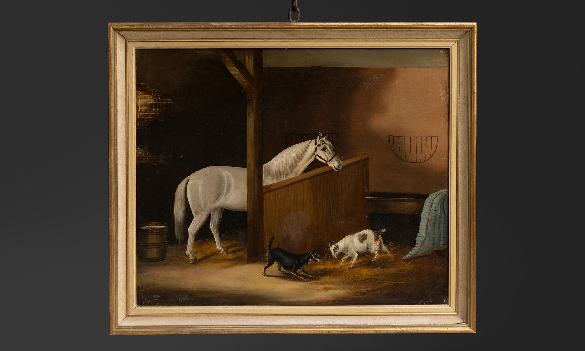 England, 1800
Öl auf Leinwand eines Schimmelpferdes mit Hunden und Ziege.
27,5 