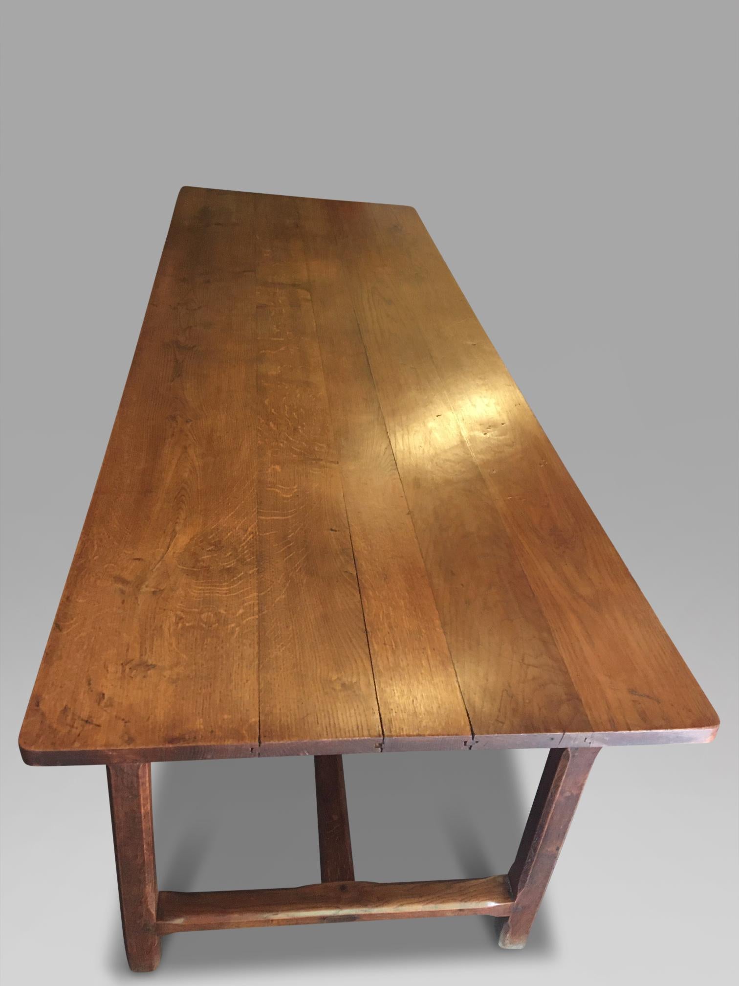 Good quality heavy oak farmhouse dining table from France, dated to about circa 1880.
A fine family table seating 10 people in comfort with plenty of elbow and leg room.
This table has a great color and patina with a top which is flat and level. It