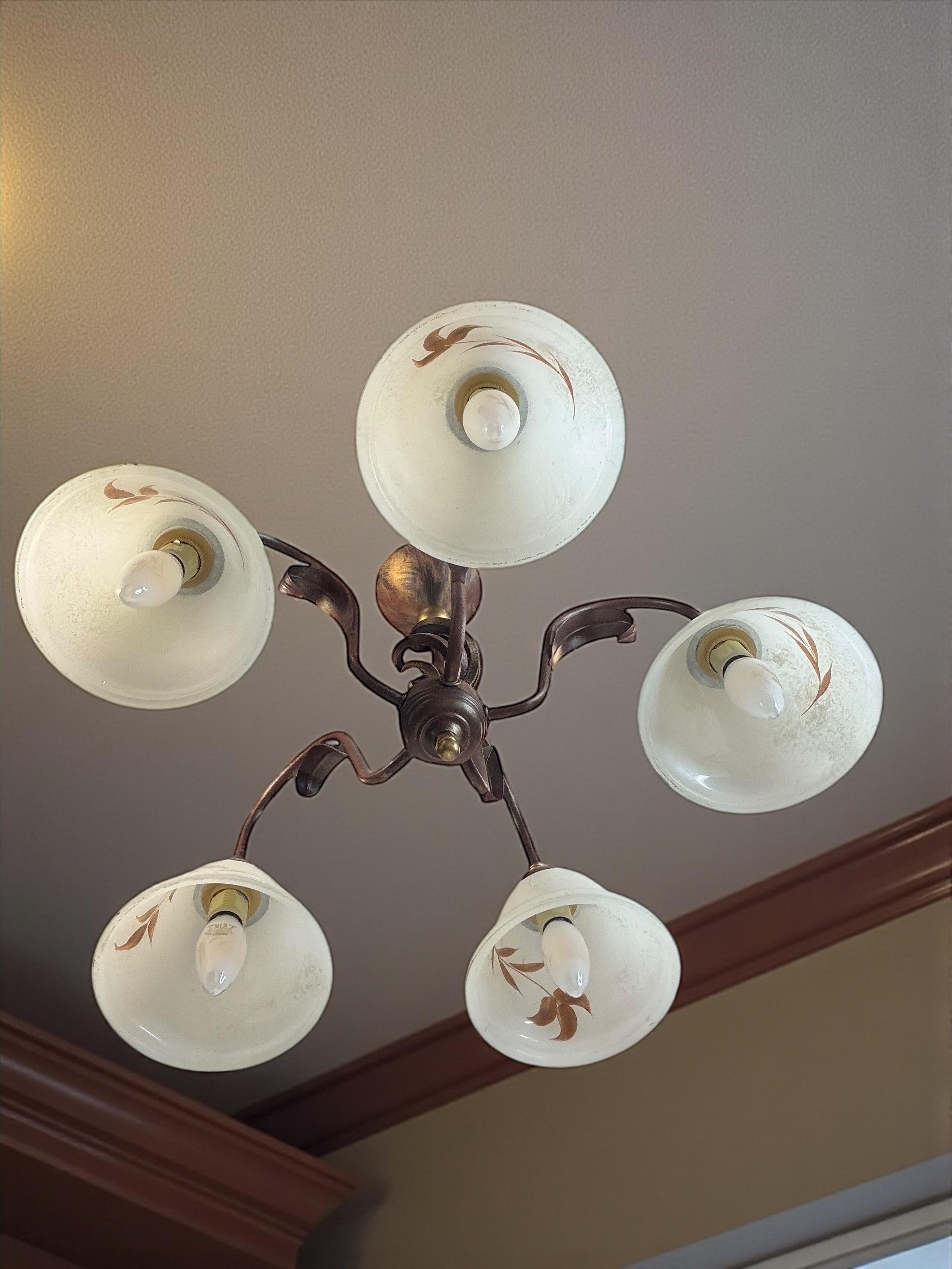 Farm House Tole Florentine Flush Mount with Murano Shades Italy 1980s For Sale 3