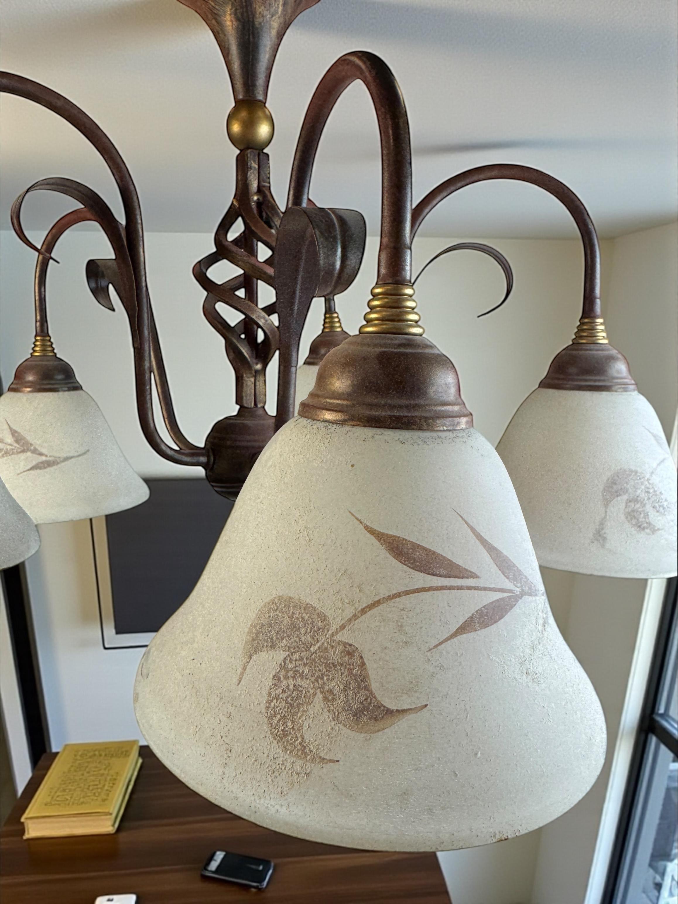 Farm House Tole Florentine Flush Mount with Murano Shades Italy 1980s For Sale 4