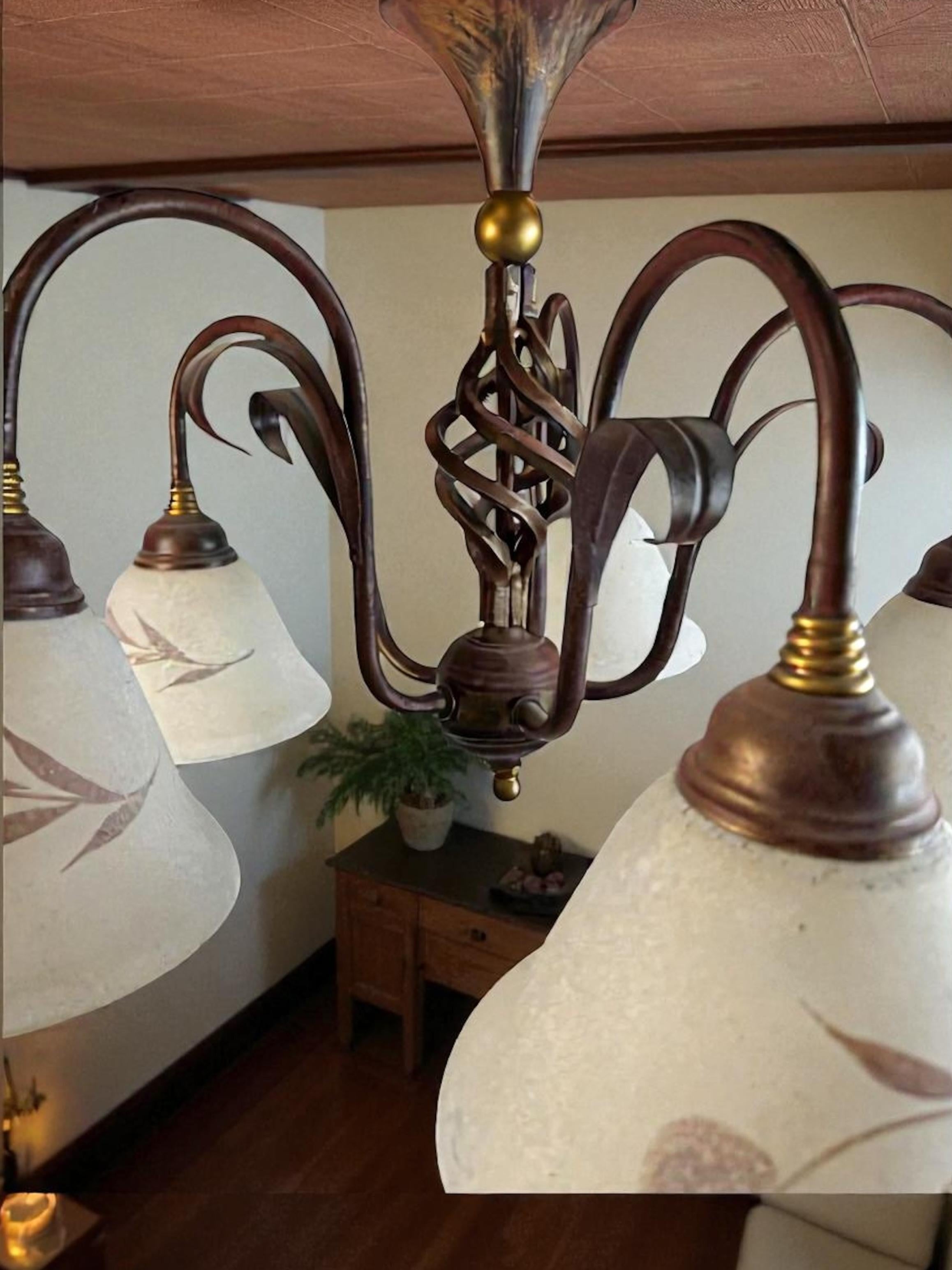 Farm House Tole Florentine Flush Mount with Murano Shades Italy 1980s For Sale 5