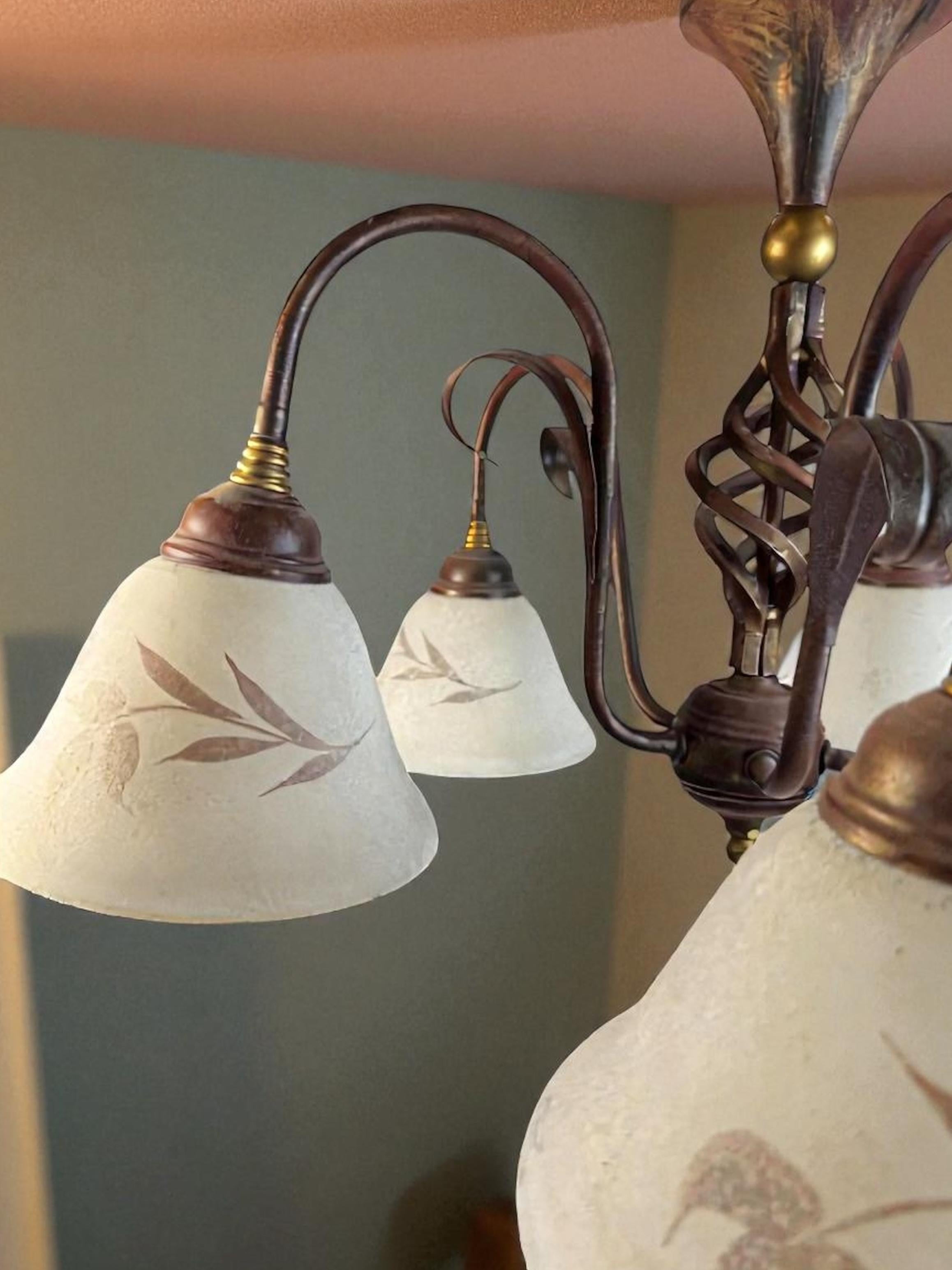 Farm House Tole Florentine Flush Mount with Murano Shades Italy 1980s For Sale 6