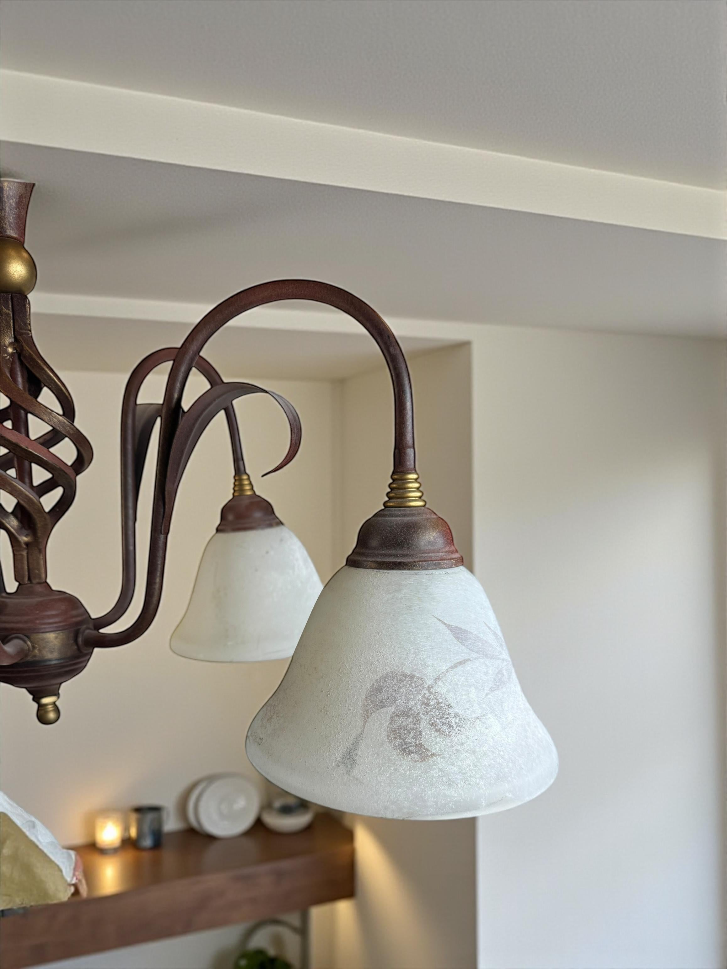 Farm House Tole Florentine Flush Mount with Murano Shades Italy 1980s For Sale 7