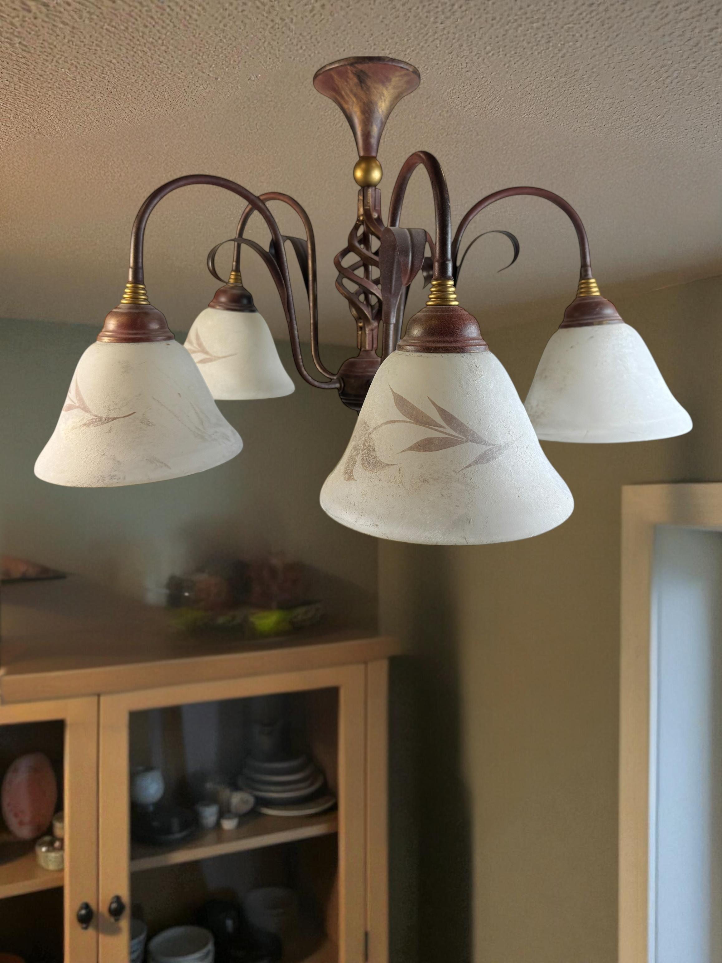 Farm House Tole Florentine Flush Mount with Murano Shades Italy 1980s For Sale 8