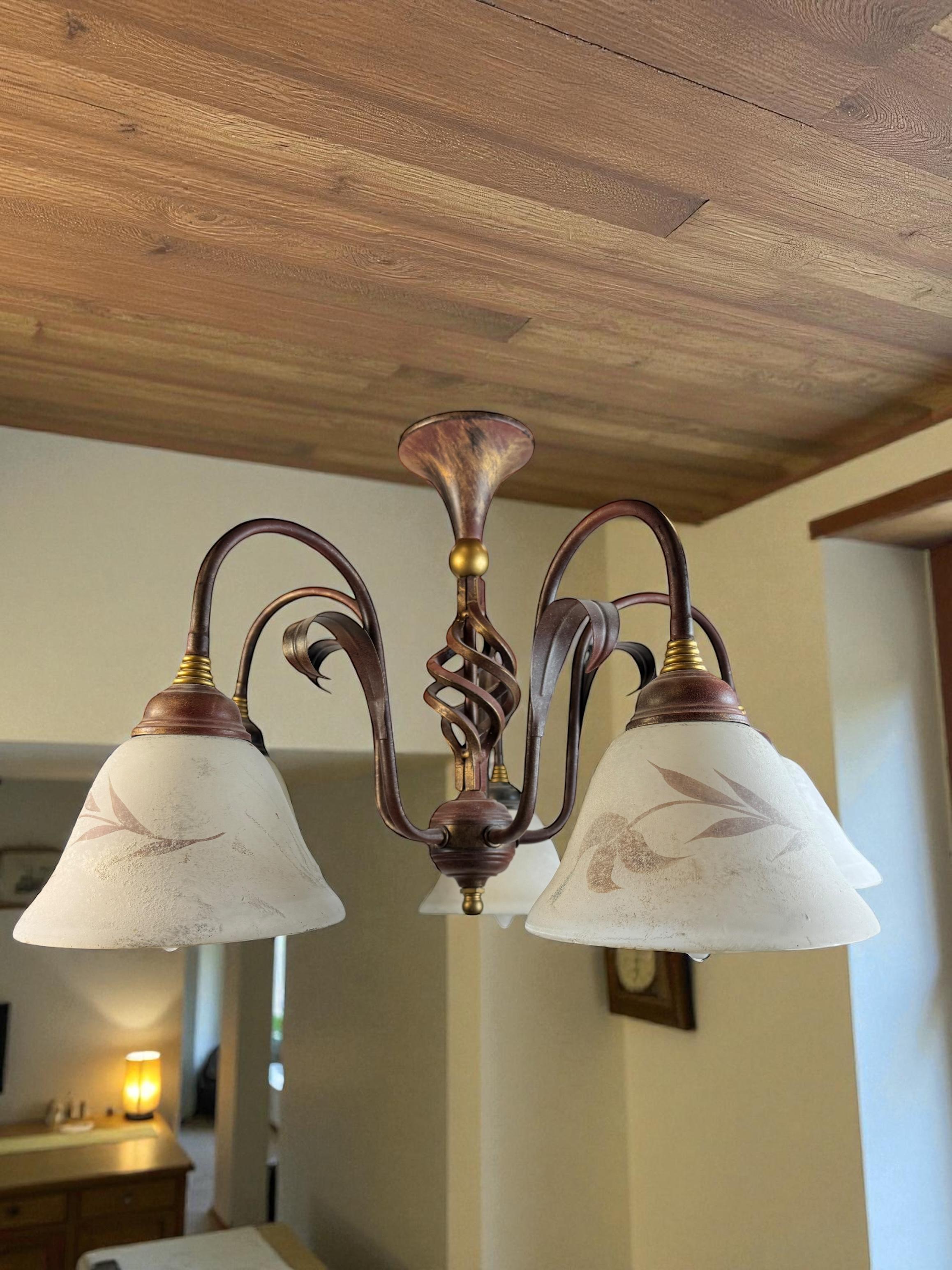 Farm House Tole Florentine Flush Mount with Murano Shades Italy 1980s For Sale 9