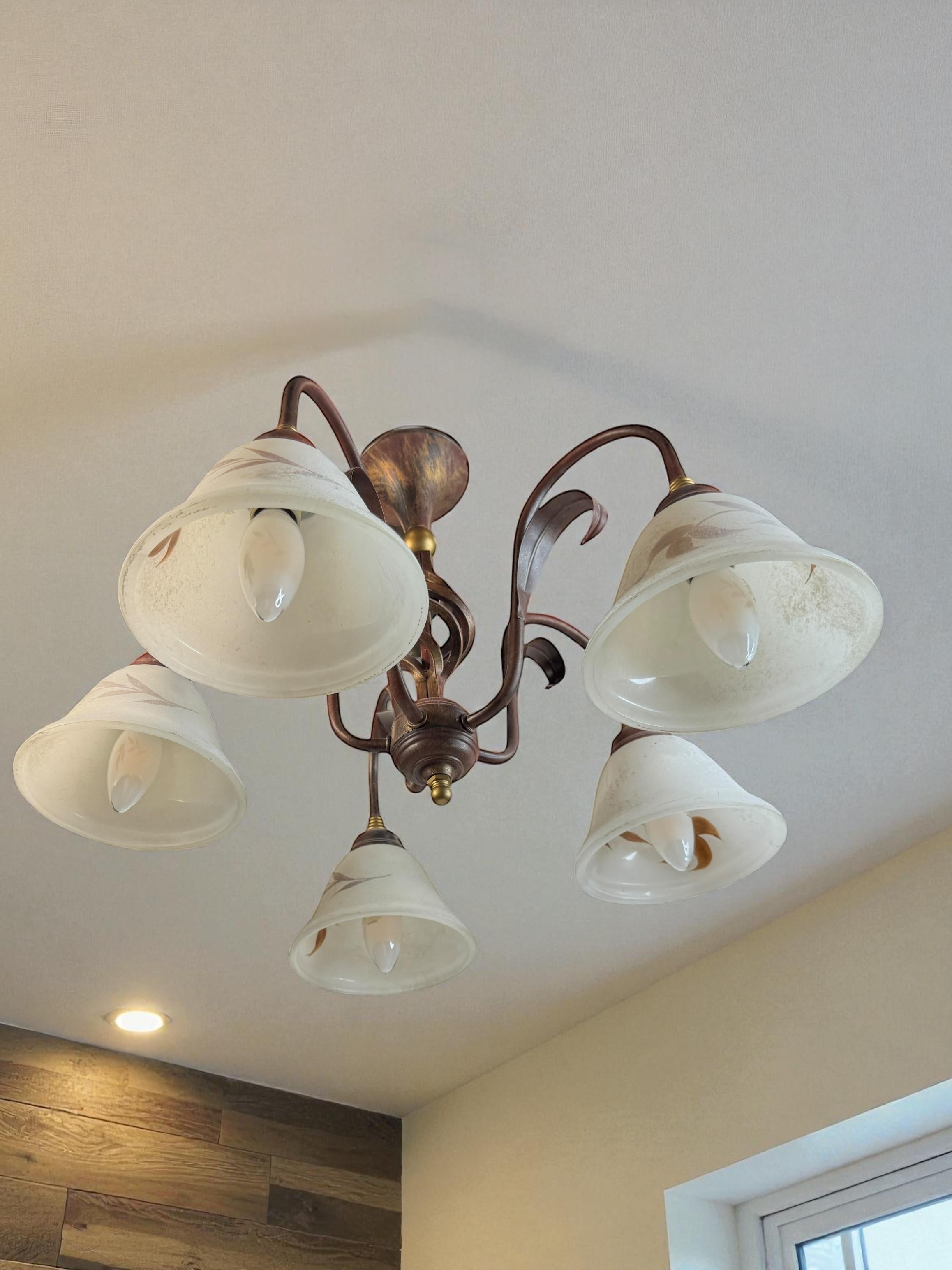 Farm House Tole Florentine Flush Mount with Murano Shades Italy 1980s For Sale 10