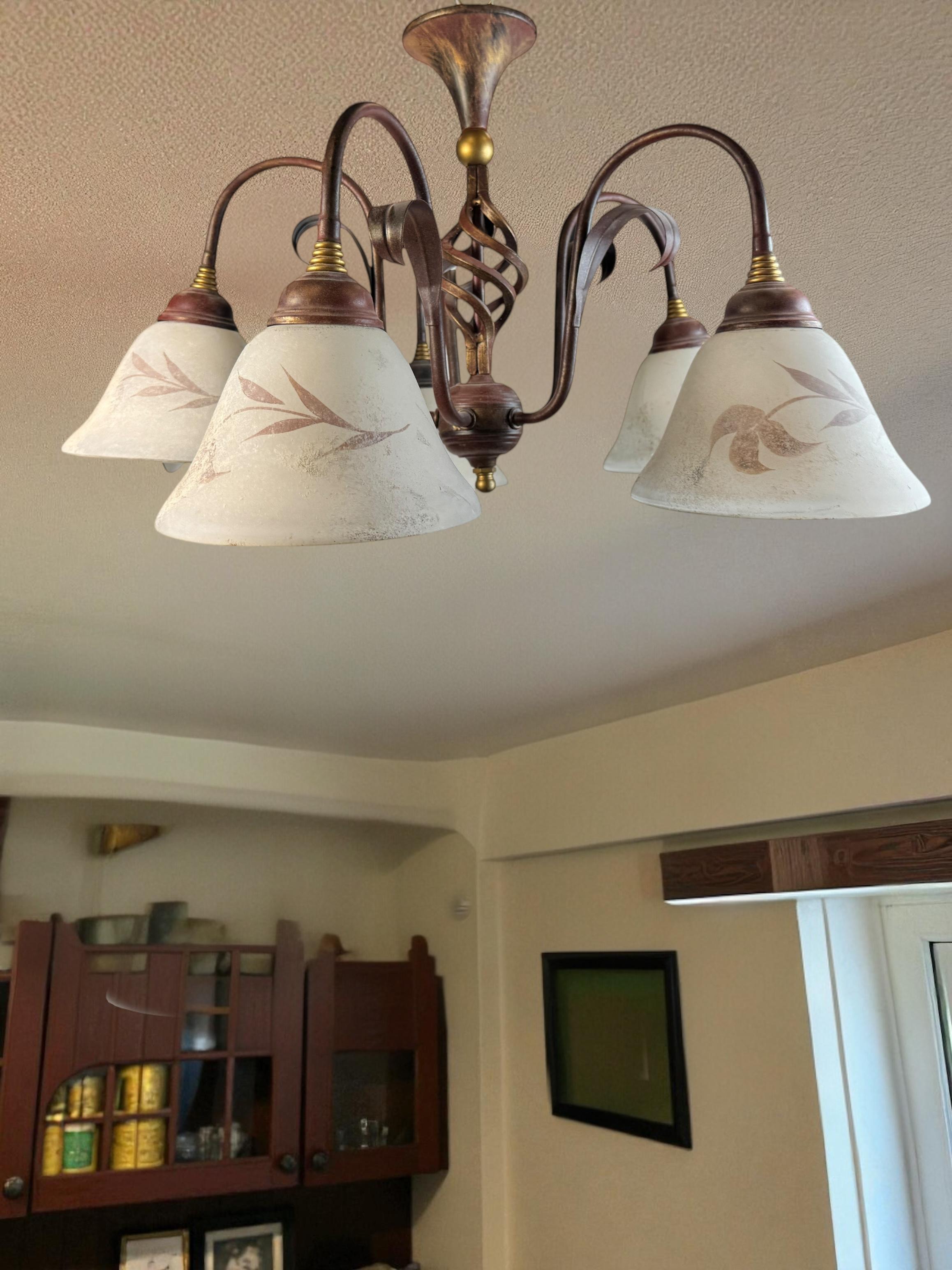 Farm House Tole Florentine Flush Mount with Murano Shades Italy 1980s For Sale 11