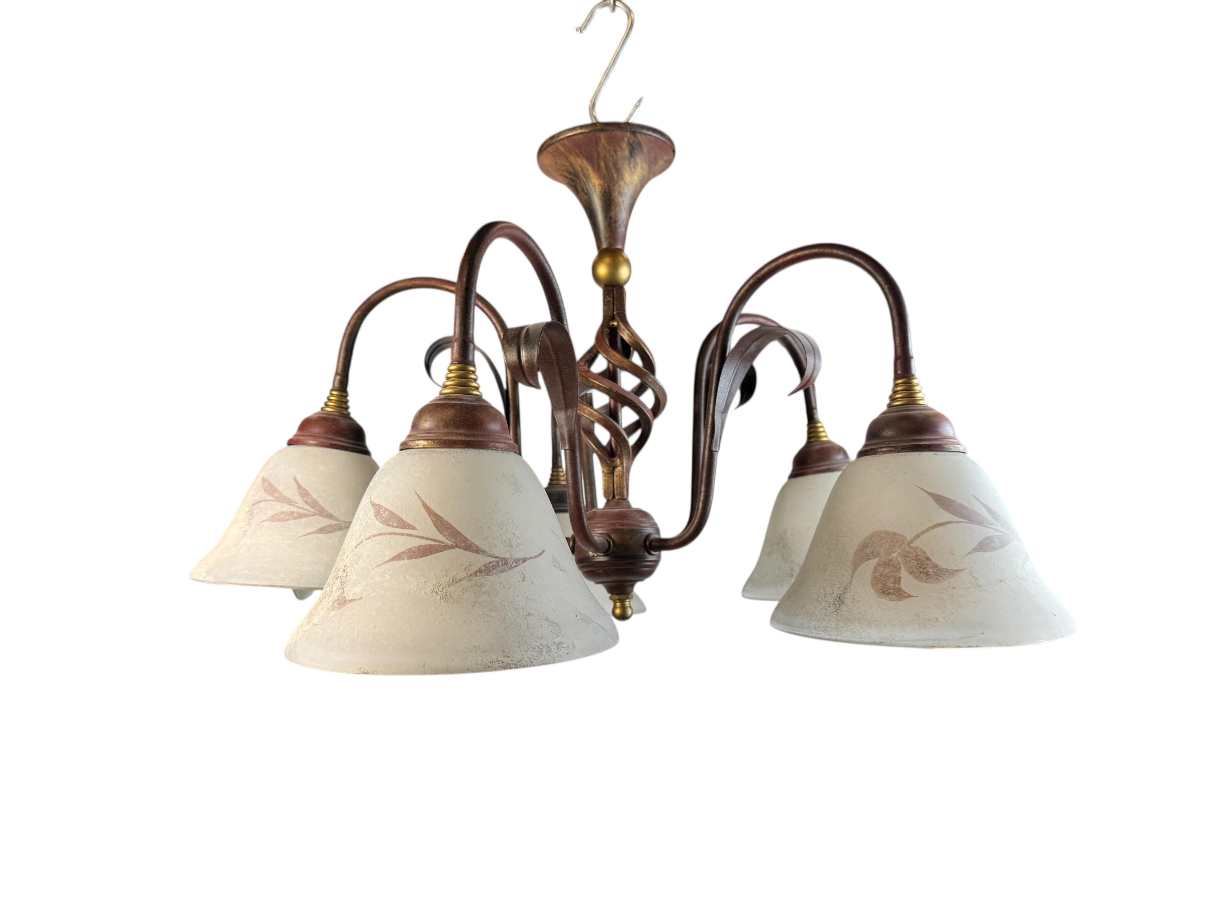 Arts and Crafts Farm House Tole Florentine Flush Mount with Murano Shades Italy 1980s For Sale