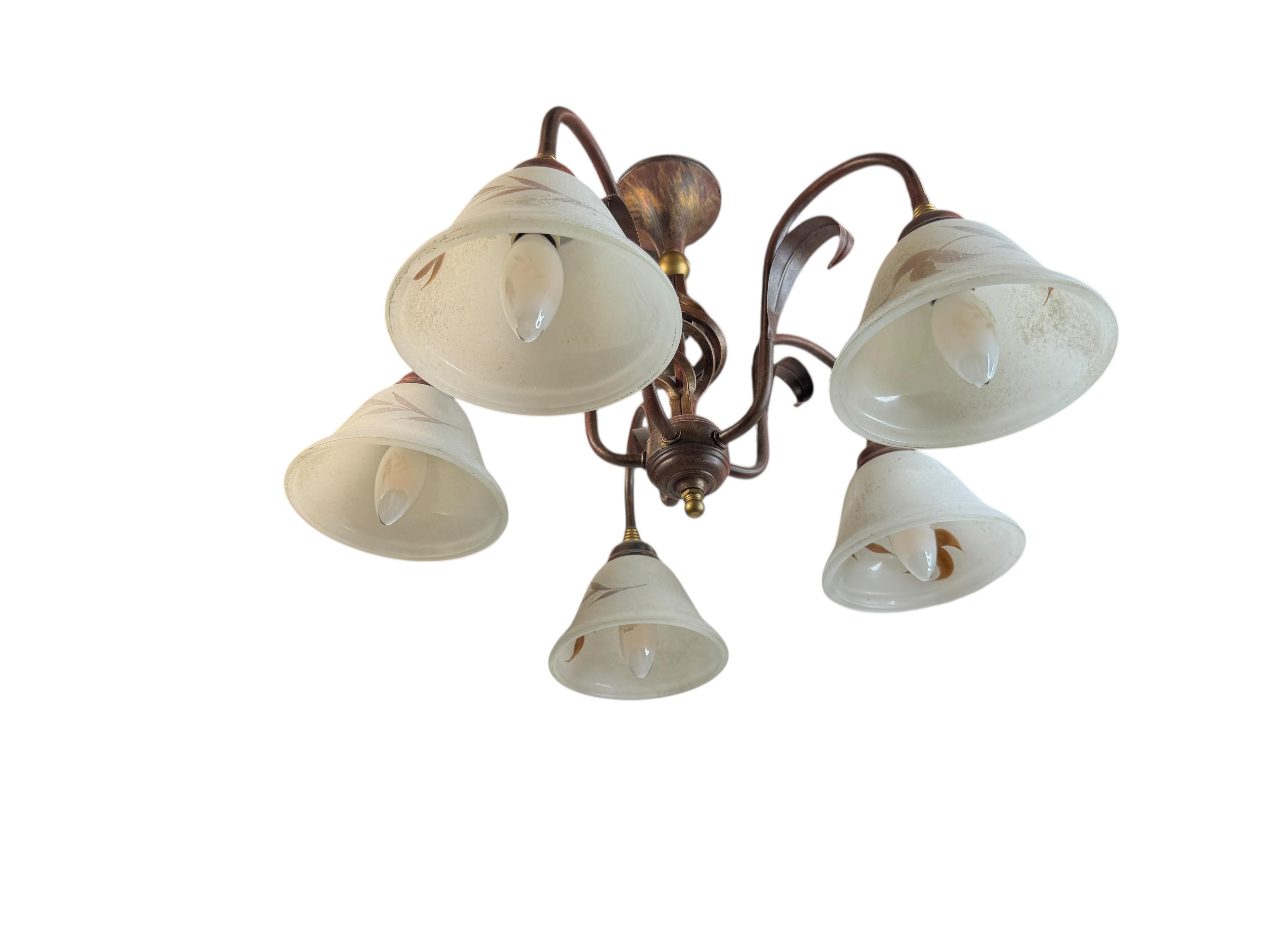 Italian Farm House Tole Florentine Flush Mount with Murano Shades Italy 1980s For Sale