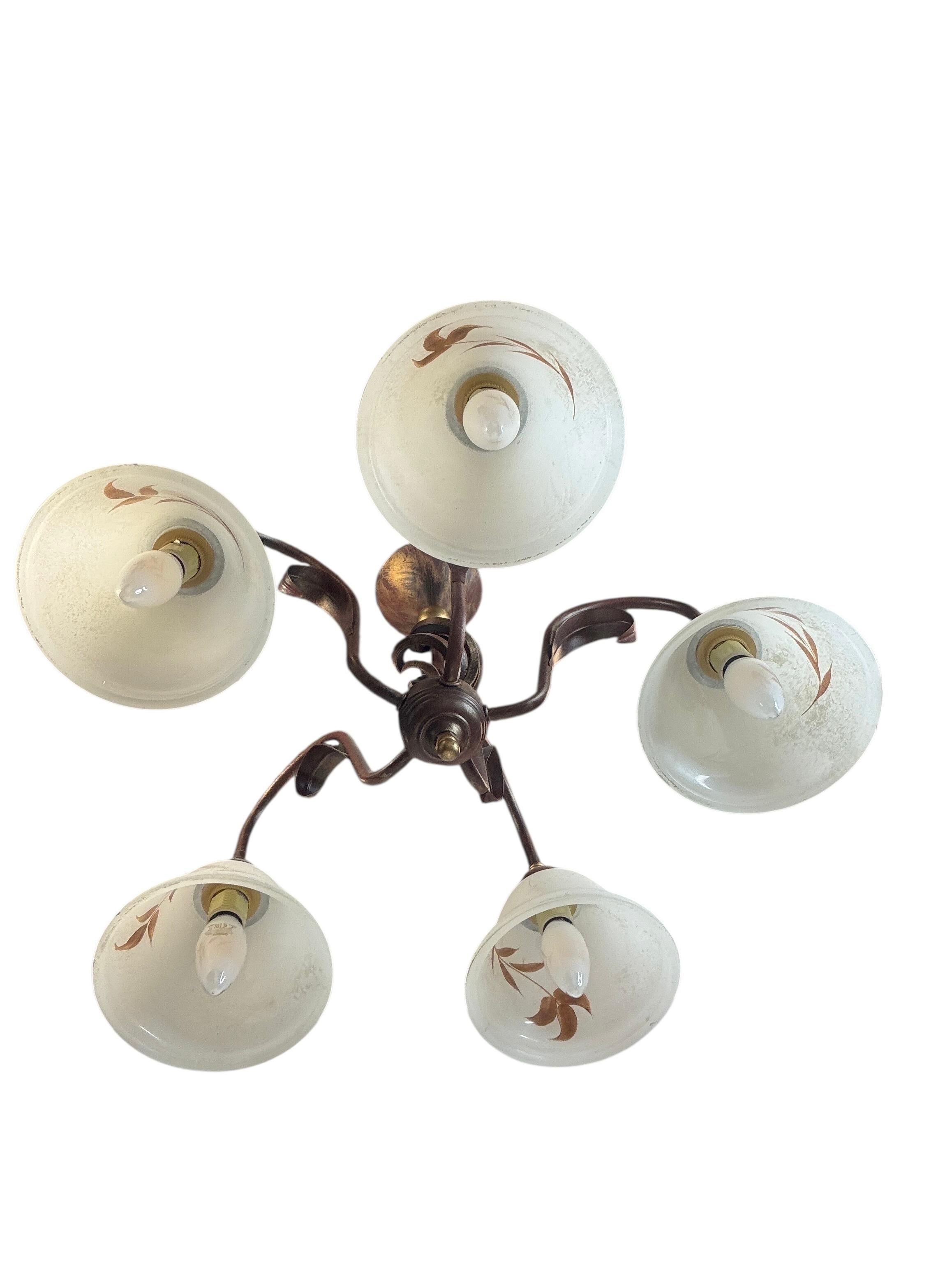 Farm House Tole Florentine Flush Mount with Murano Shades Italy 1980s In Good Condition For Sale In Nuernberg, DE