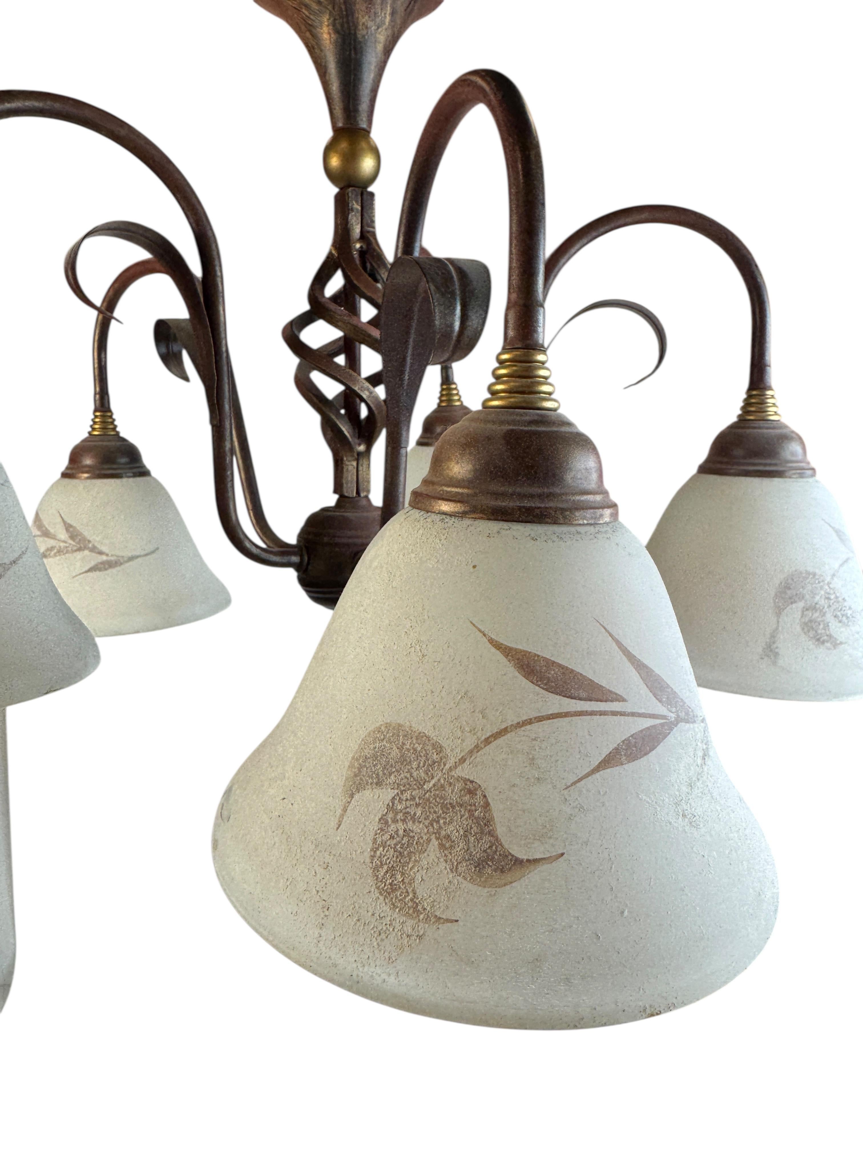 Late 20th Century Farm House Tole Florentine Flush Mount with Murano Shades Italy 1980s For Sale