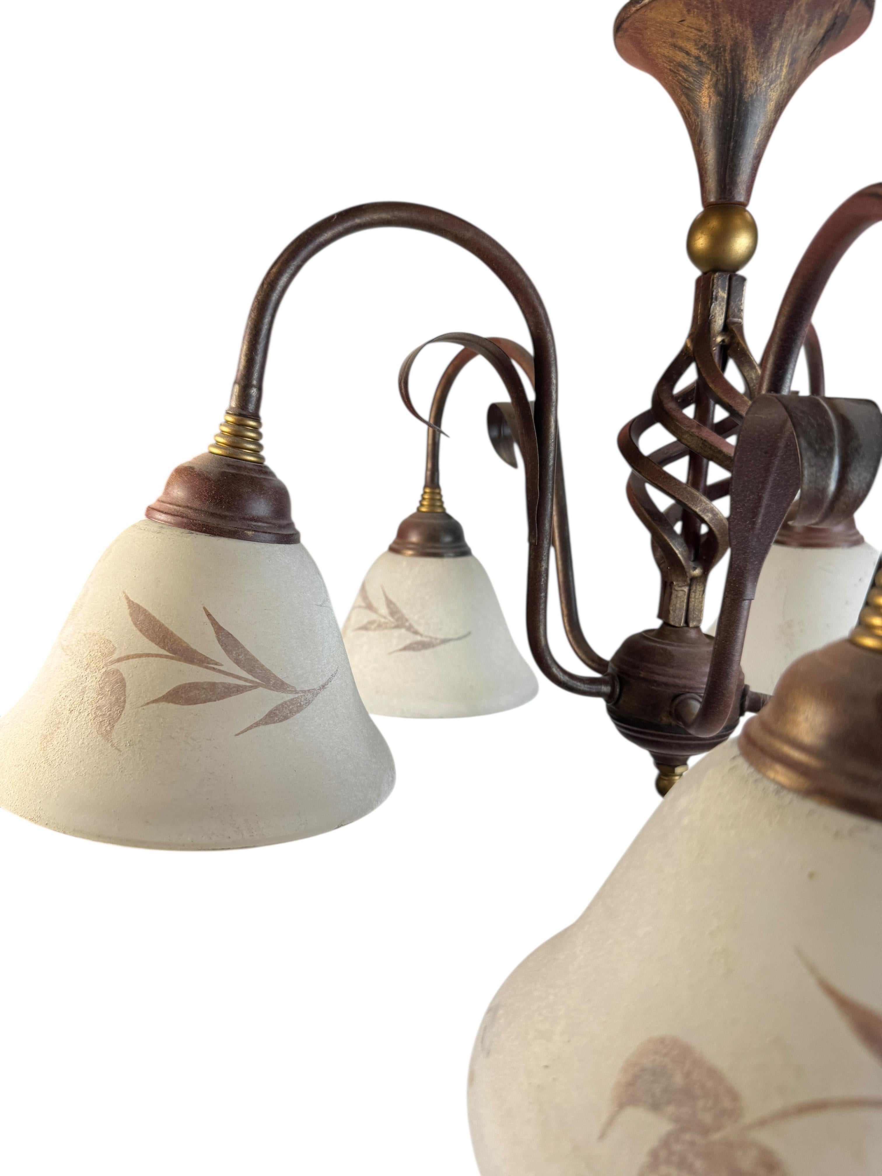 Metal Farm House Tole Florentine Flush Mount with Murano Shades Italy 1980s For Sale