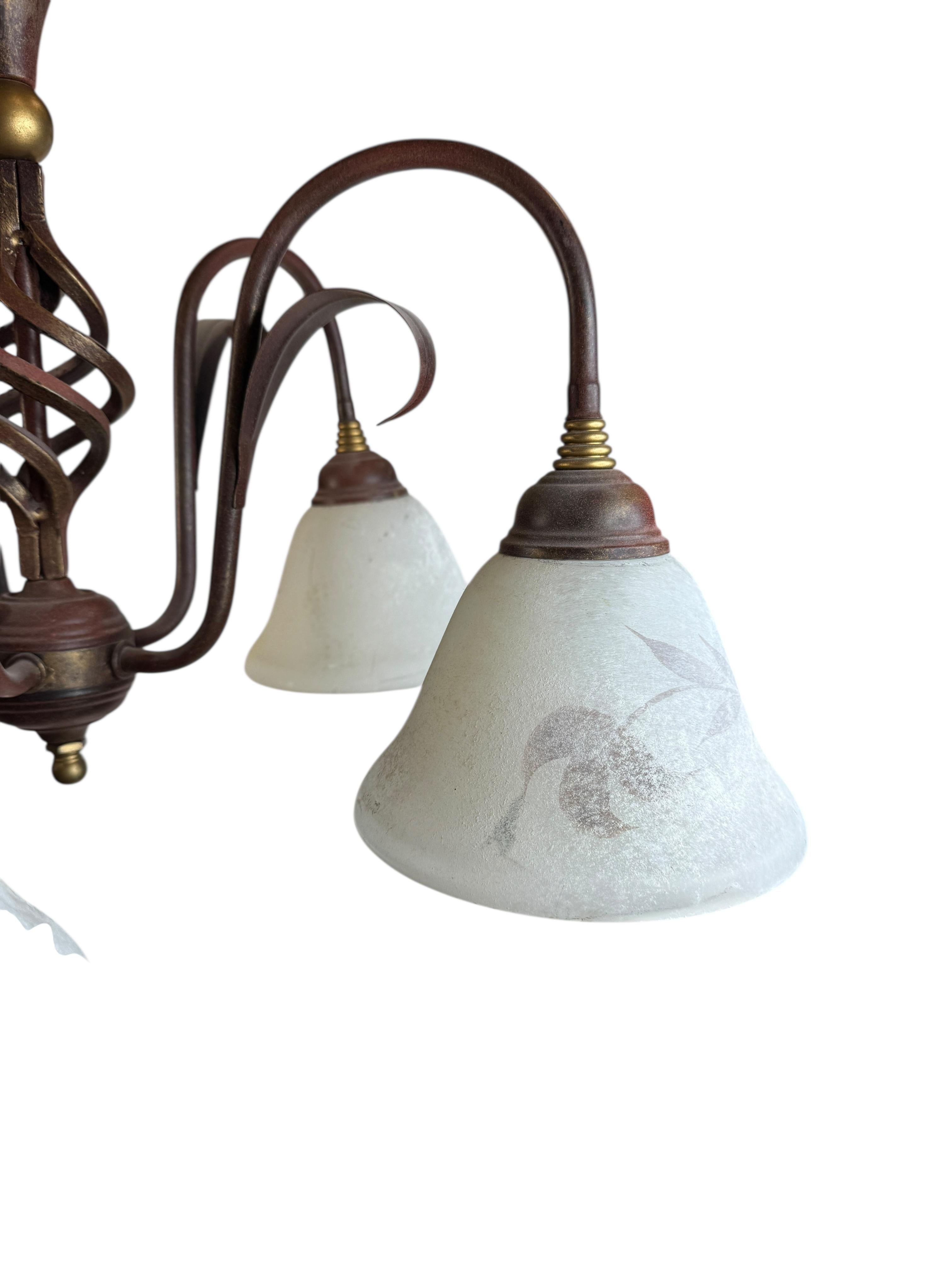 Farm House Tole Florentine Flush Mount with Murano Shades Italy 1980s For Sale 1