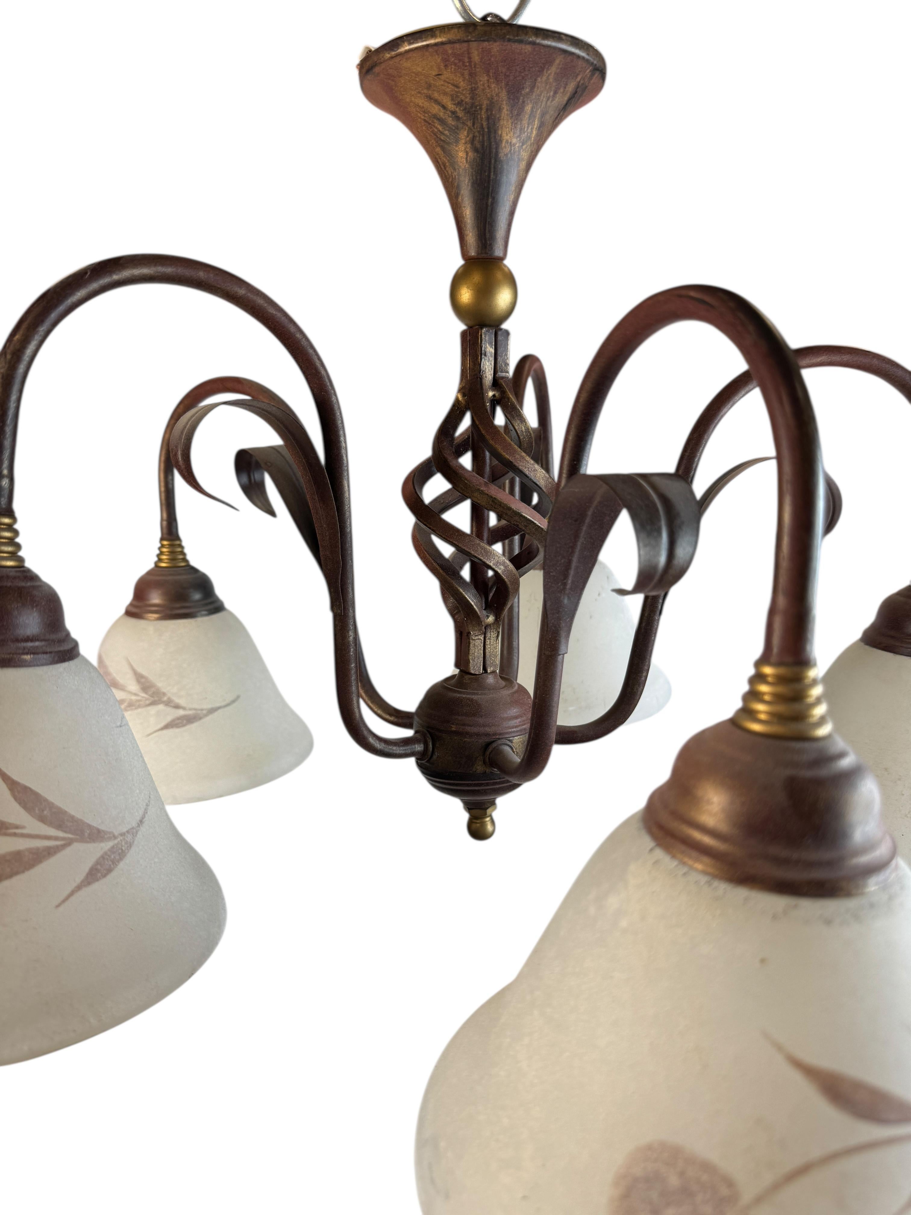 Farm House Tole Florentine Flush Mount with Murano Shades Italy 1980s For Sale 2