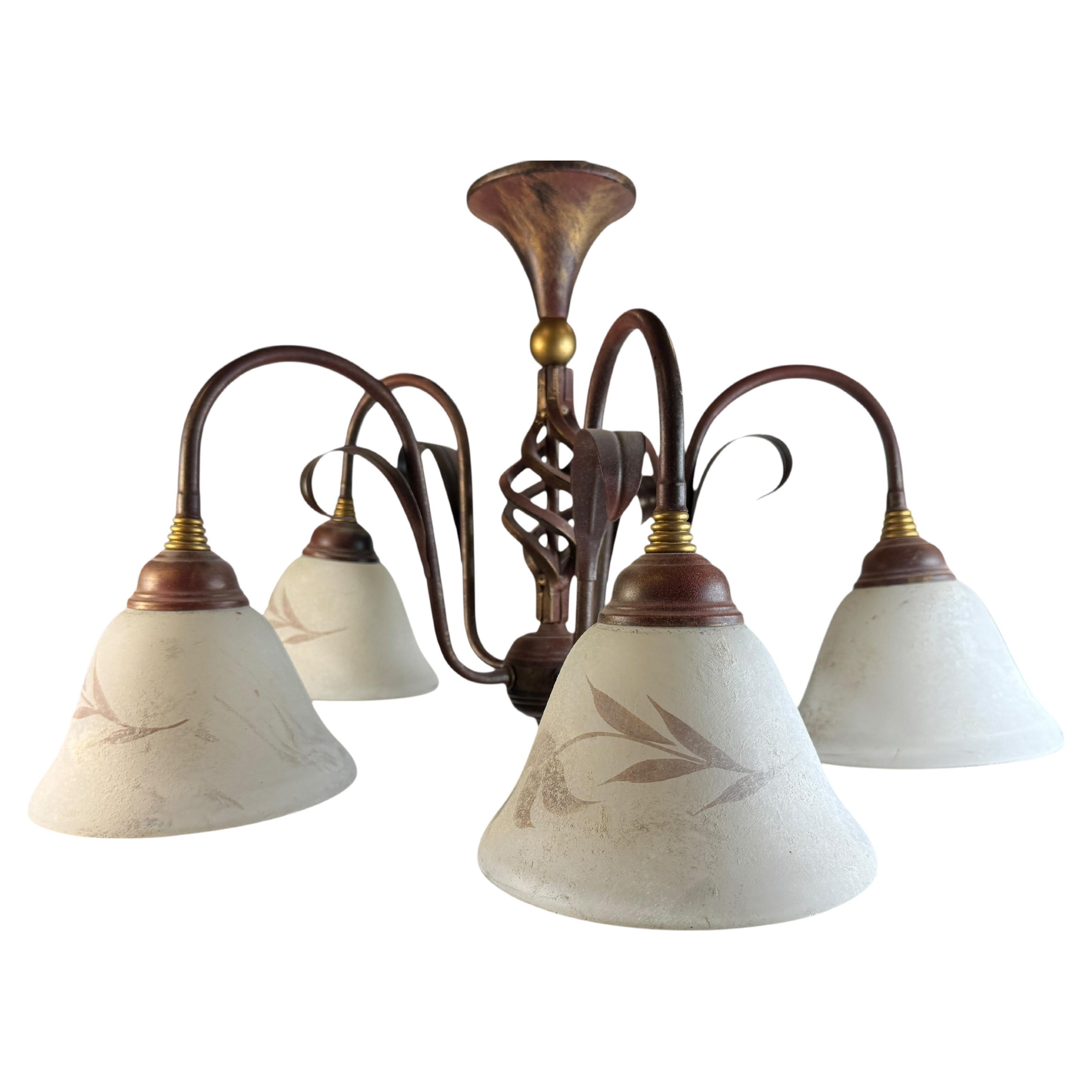 Farm House Tole Florentine Flush Mount with Murano Shades Italy 1980s For Sale