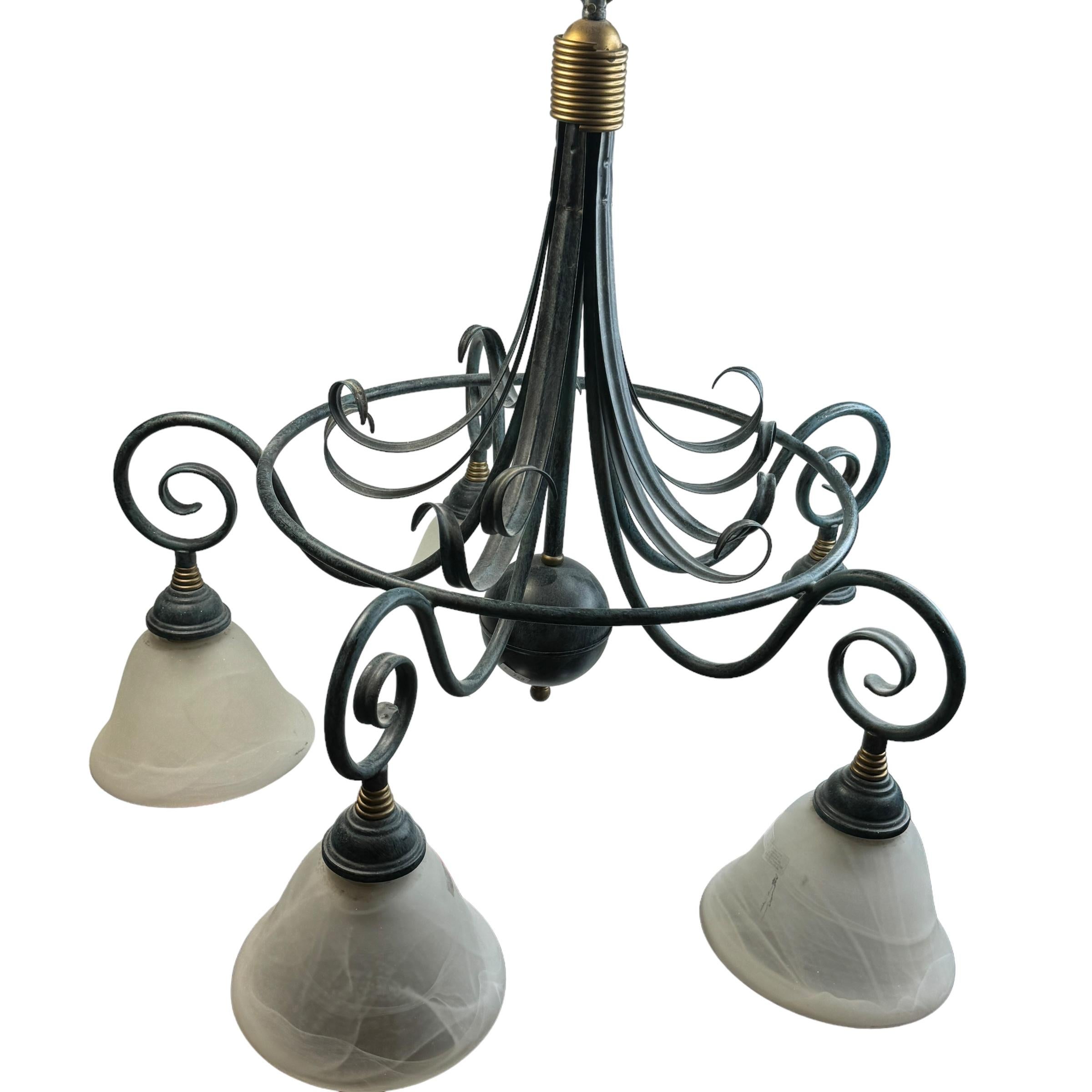 Gothic Farm House Tole Hollywood Regency Chandelier with Murano Shades Italy 1980s For Sale