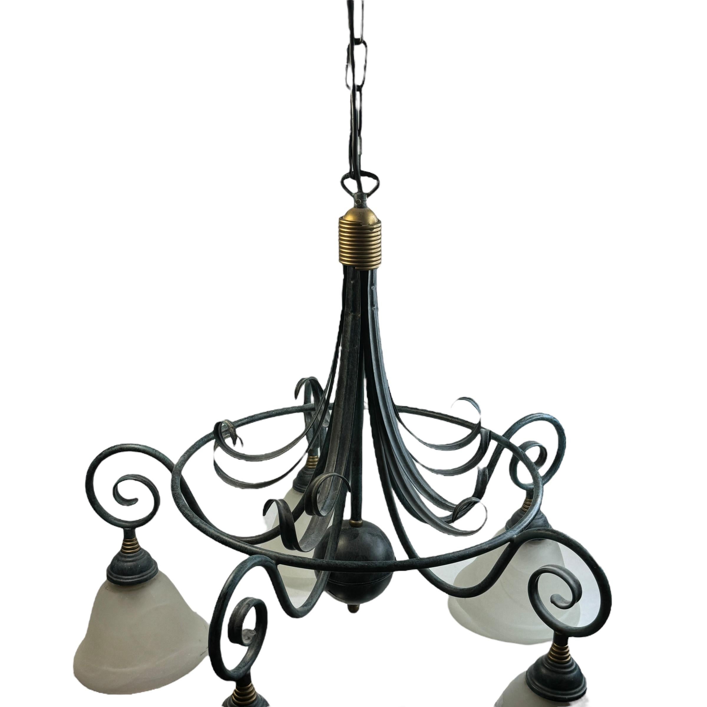 German Farm House Tole Hollywood Regency Chandelier with Murano Shades Italy 1980s For Sale