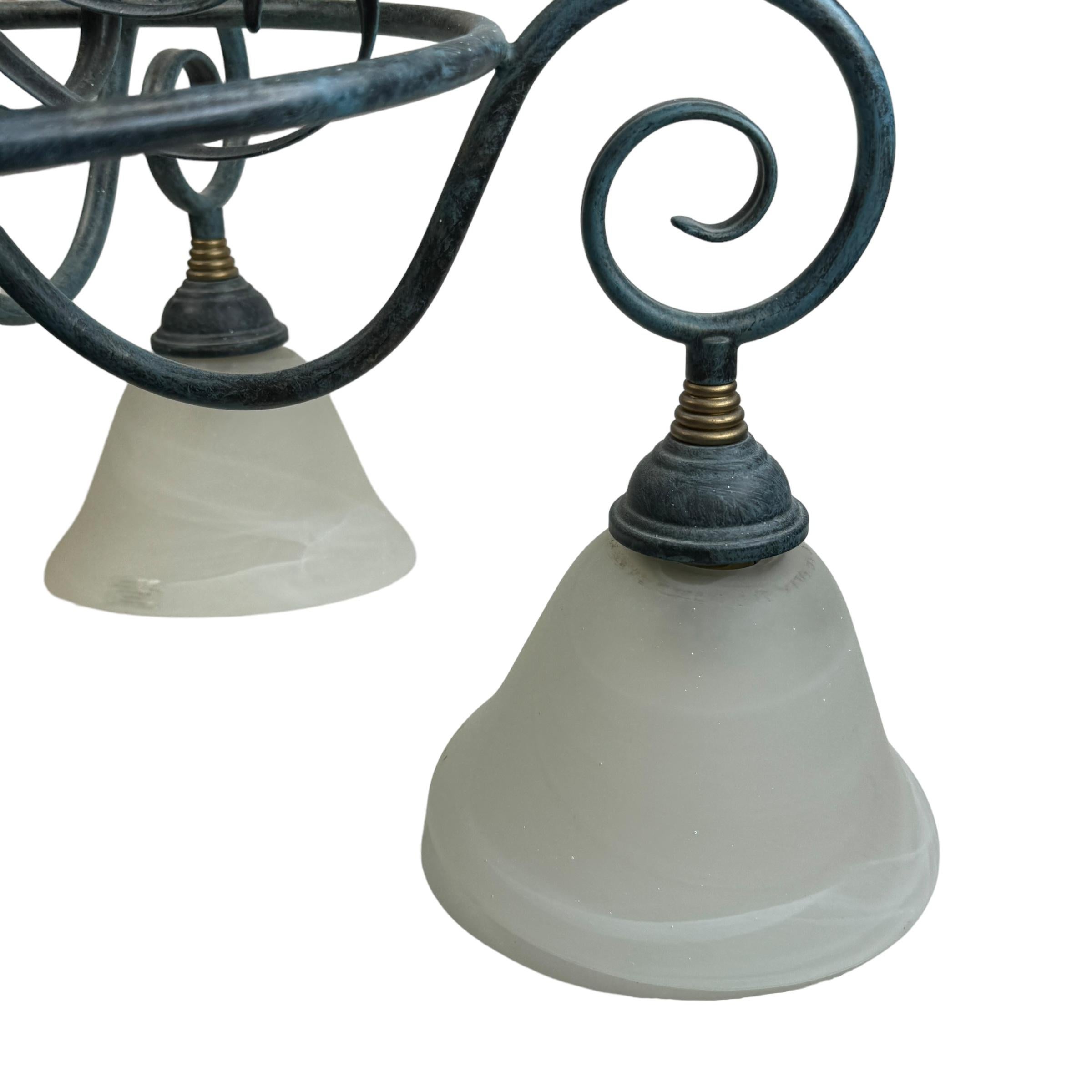 Late 20th Century Farm House Tole Hollywood Regency Chandelier with Murano Shades Italy 1980s For Sale