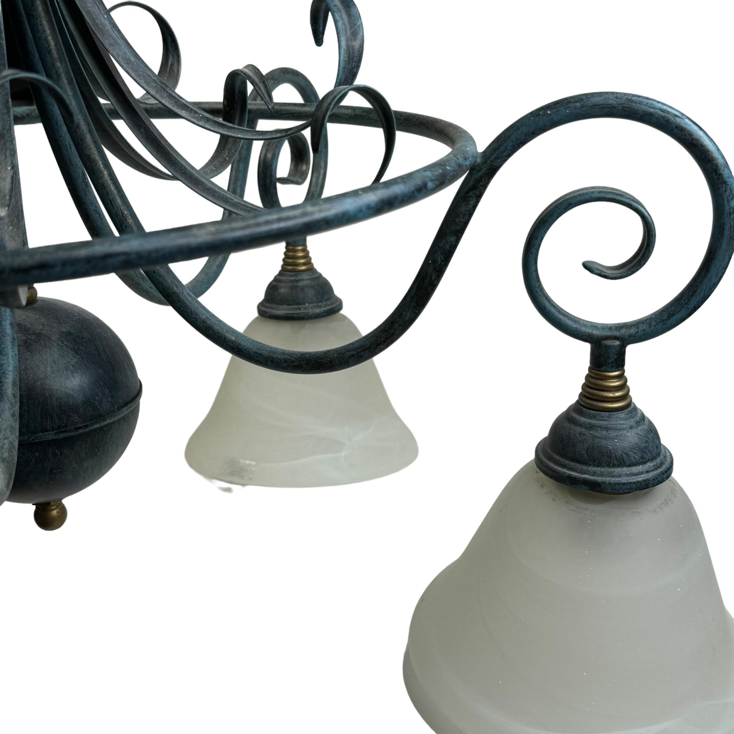 Metal Farm House Tole Hollywood Regency Chandelier with Murano Shades Italy 1980s For Sale