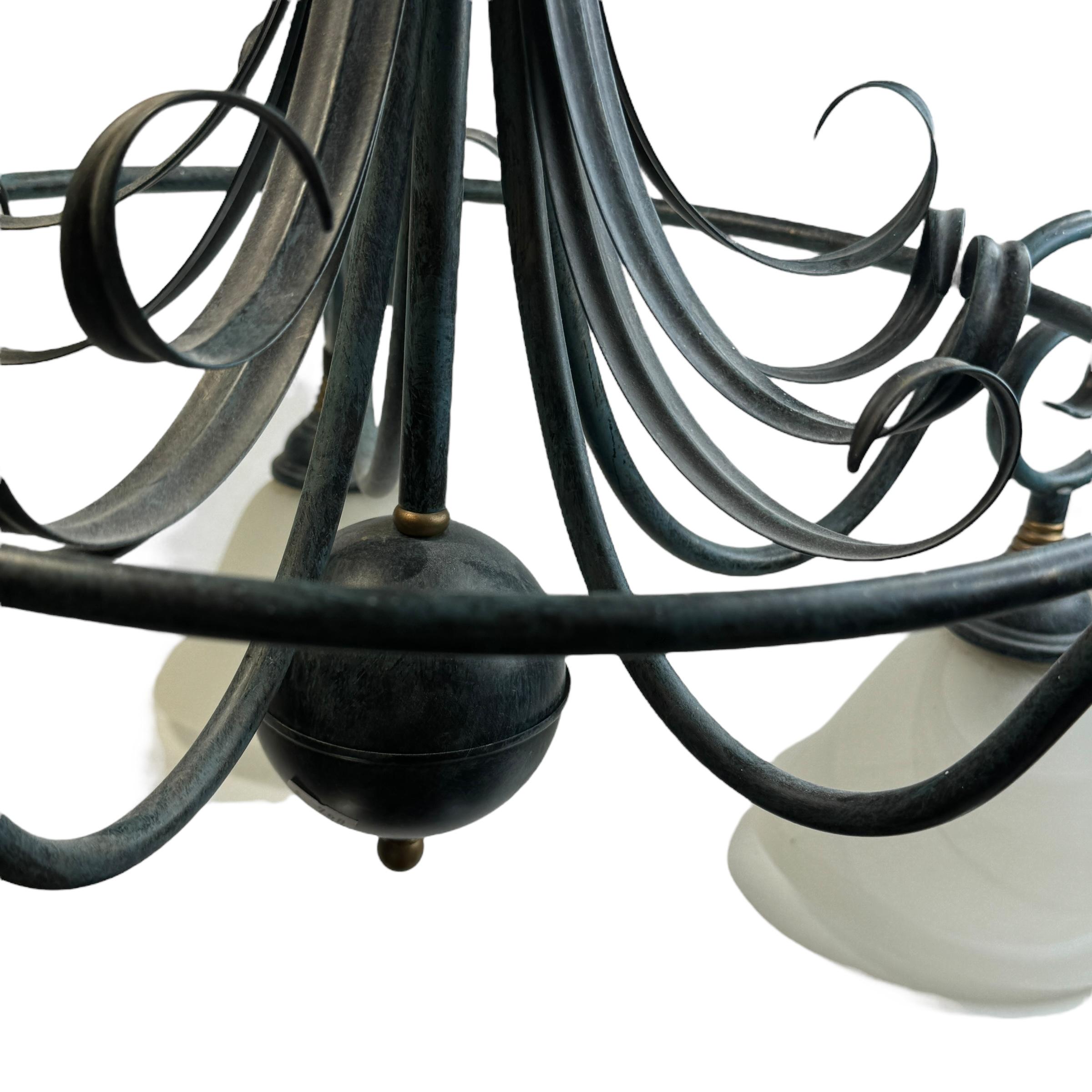 Farm House Tole Hollywood Regency Chandelier with Murano Shades Italy 1980s For Sale 1